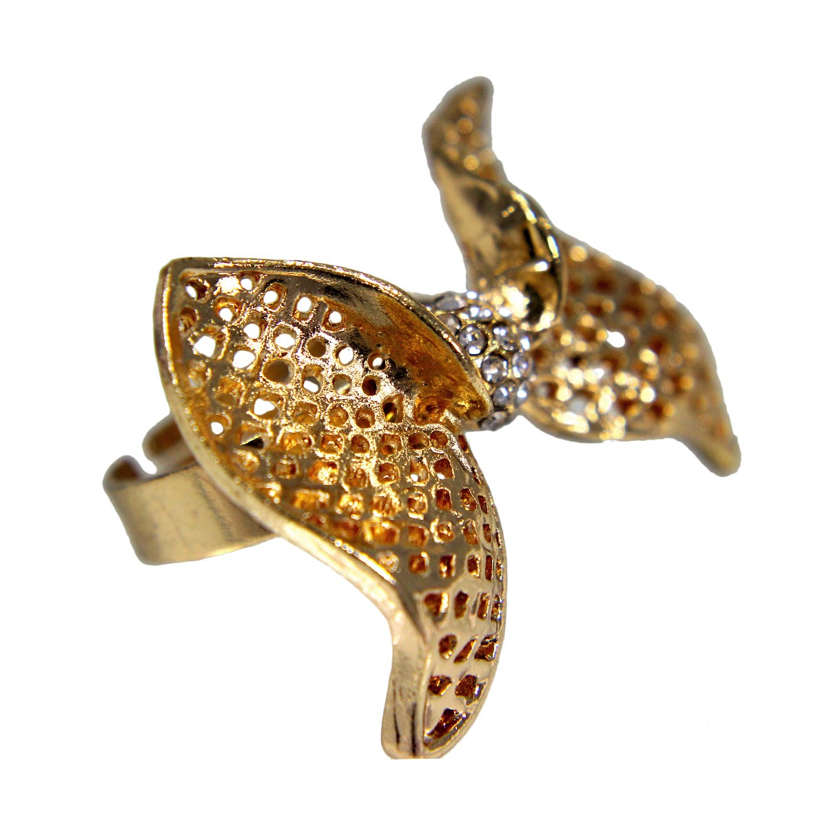 Abhinn Beautiful Designer Royal Golden Floral Bow Shaped Ring with Golden Pearls