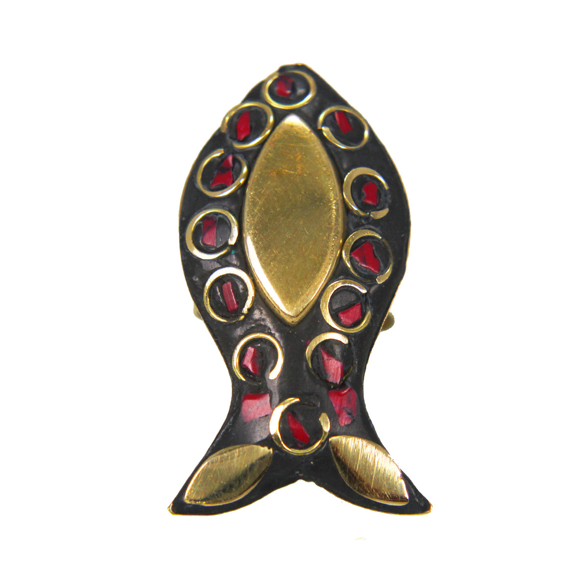 Latest Black Golden Fish Design Ring with Red Boho Tibetian Work