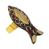 Latest Black Golden Fish Design Ring with Red Boho Tibetian Work