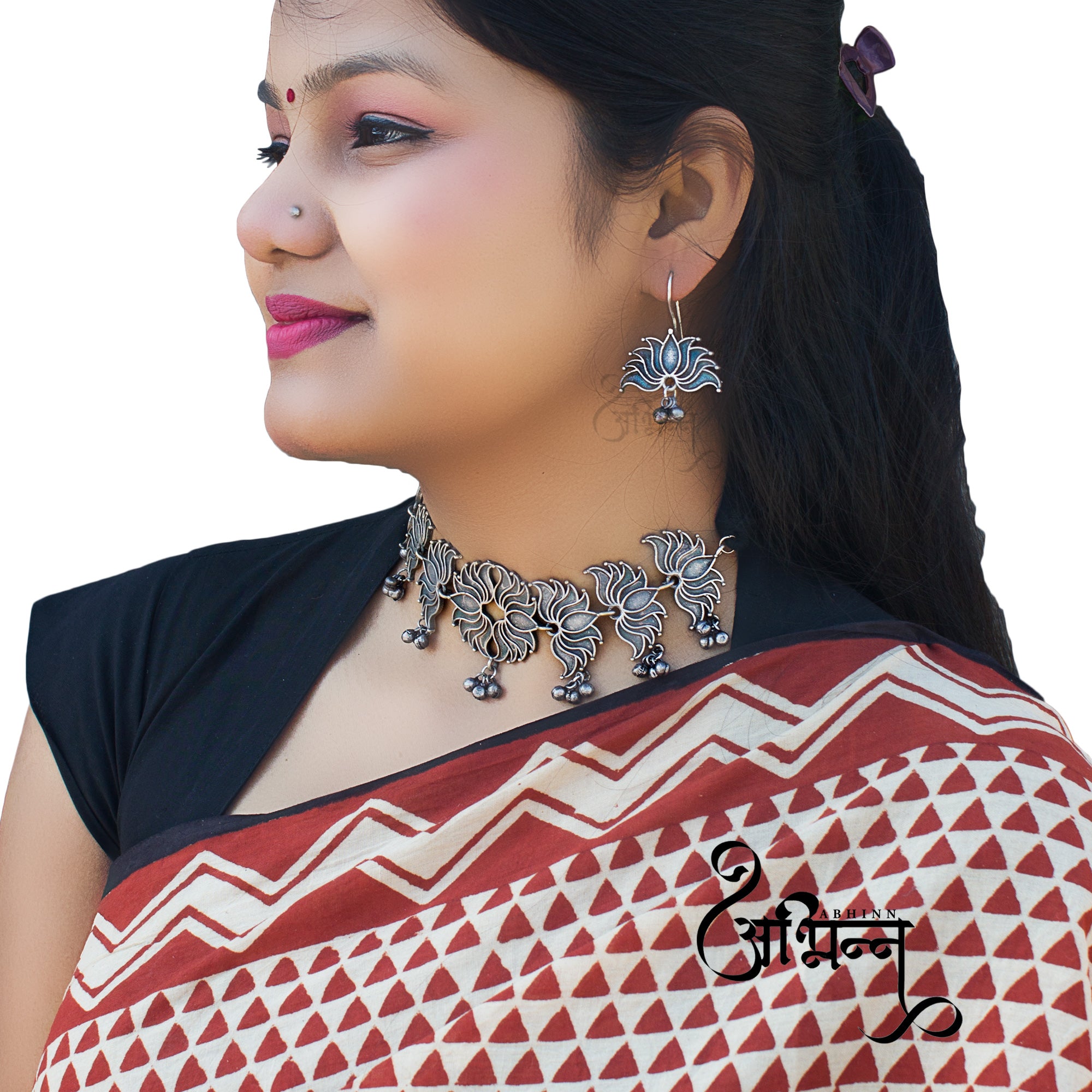Abhinn Silver Look Alike Lotus Design Necklace Set With Earrings For Women