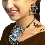 Abhinn Silver Oxidised Unique Floral Design With Mirror Work Necklace Set For Women