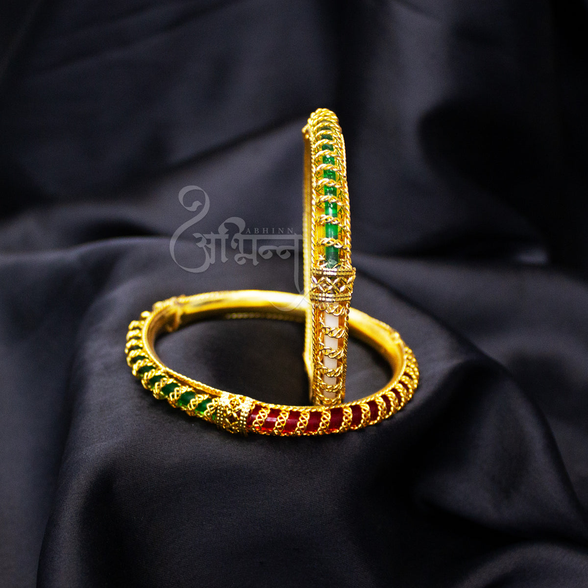 Abhinn Gold Plated Bangle Set With Multi Colour Glass And Golden Spiral For Women
