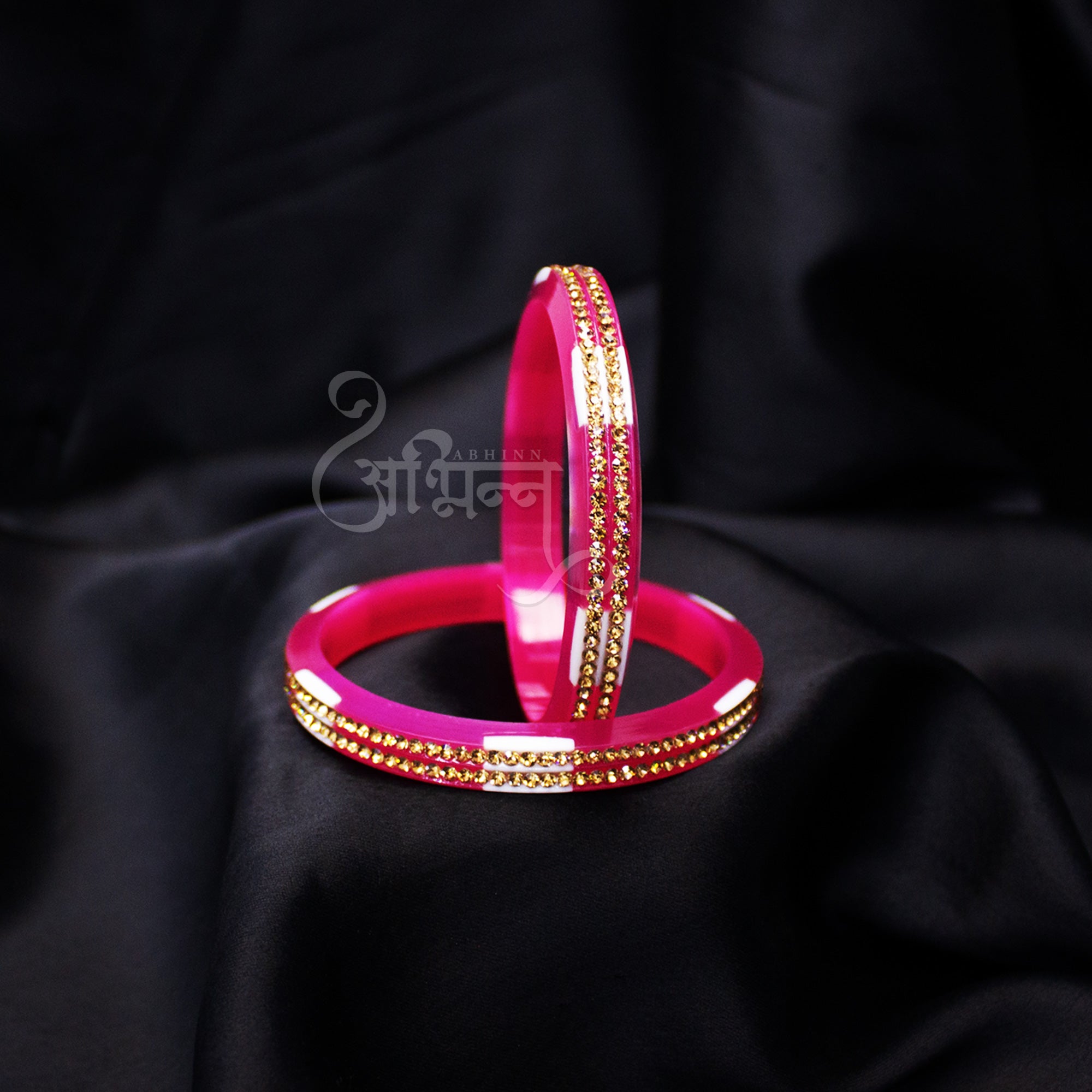 Abhinn Acrylic Pink Bangle Set Surrounded With CZ Silver Stones For Women