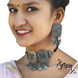 Abhinn Silver Oxidised Temple Design Necklace Set For Women