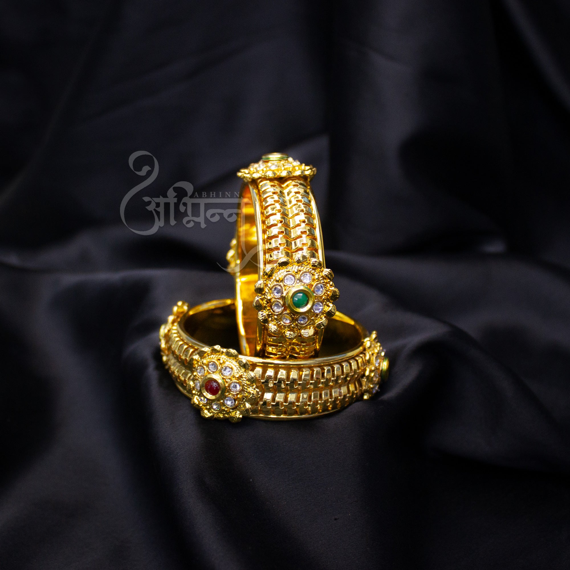 Abhinn Gold Plated Floral Design Broad Bangle Set For Women