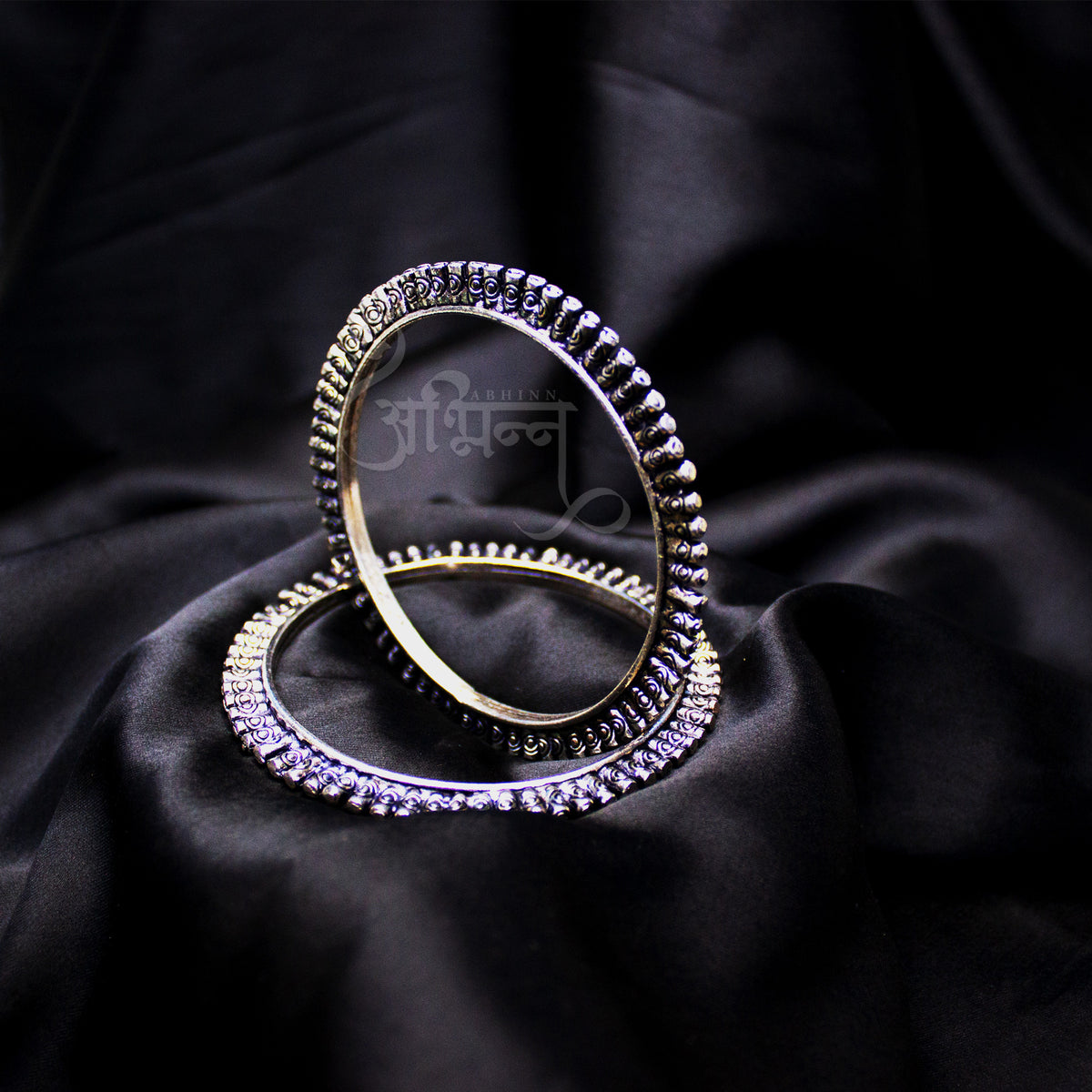 Antique Silver Bangle Set Studded With Silver Beads