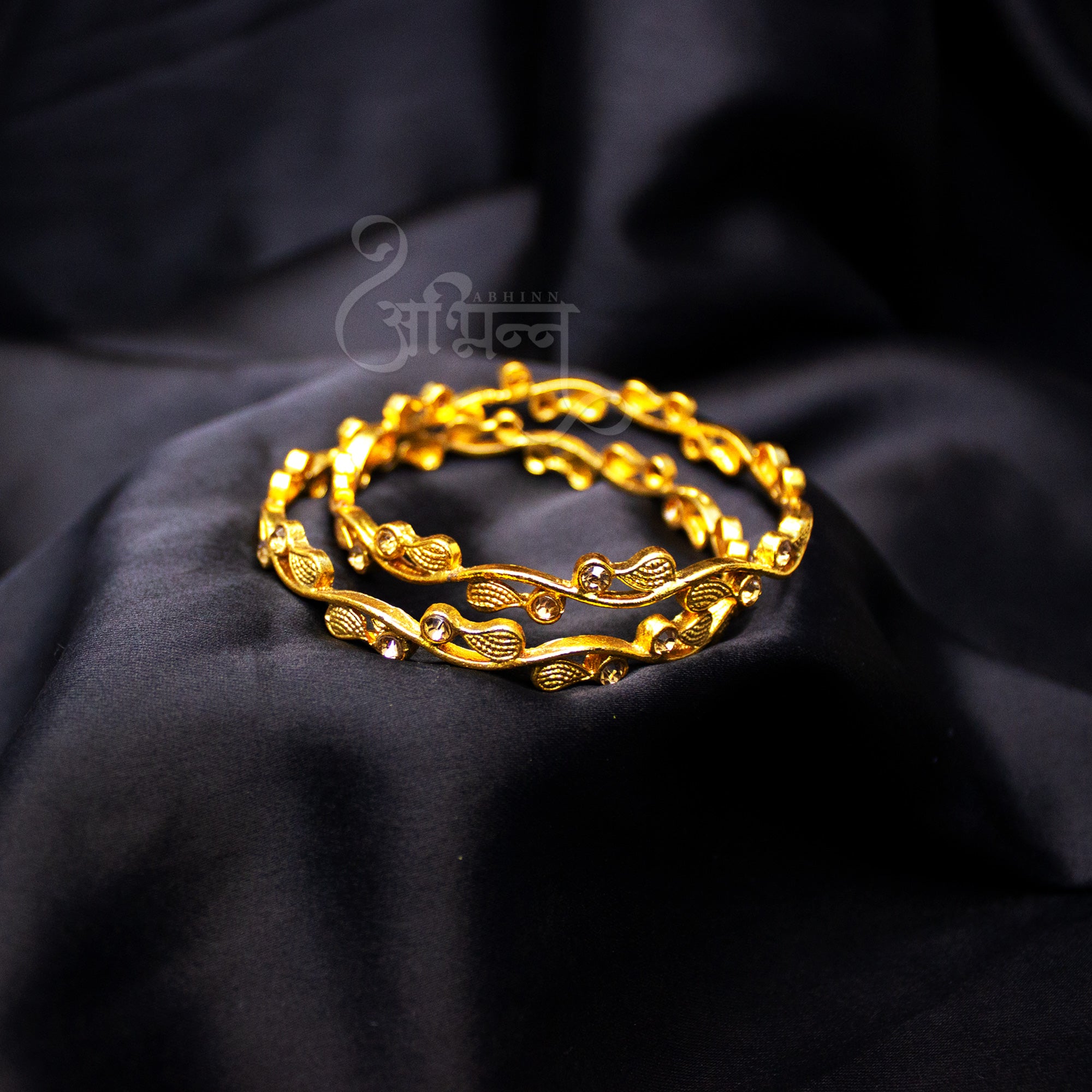 Abhinn Golden Plated Floral Bangles With Studded Golden Stones For Women 