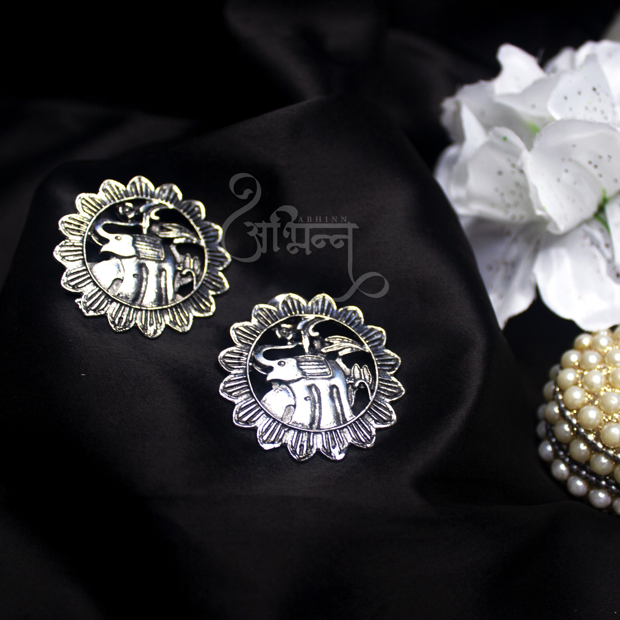 Abhinn Silver Oxidised Sun Shaped Elephant Design Big Stud Earrings For Women 