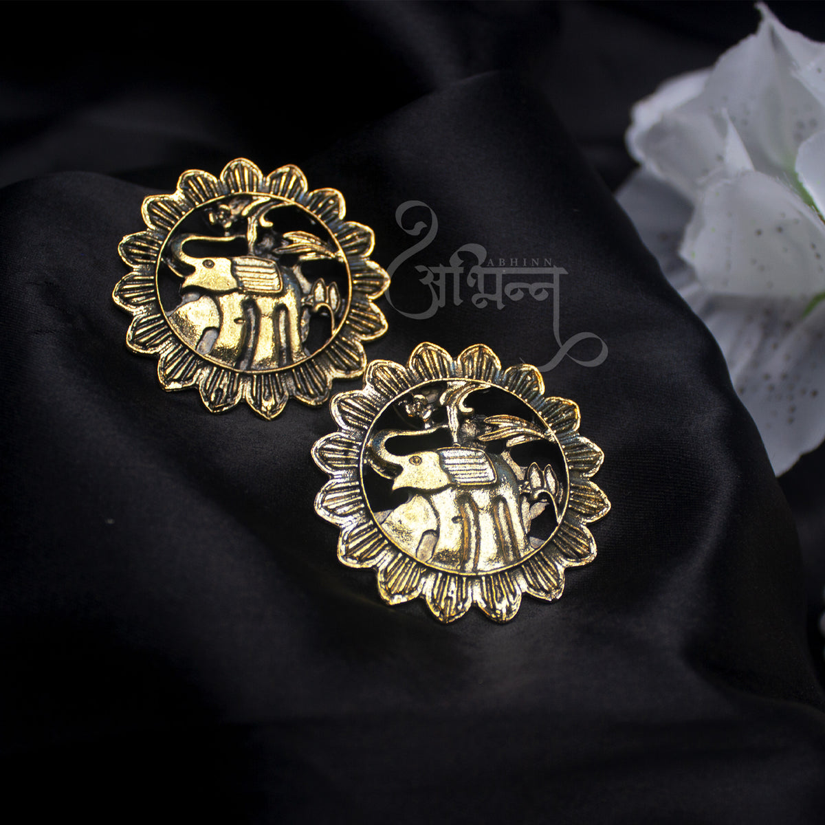 Abhinn Golden Oxidised Sun Shaped Elephant Design Big Stud Earrings For Women 