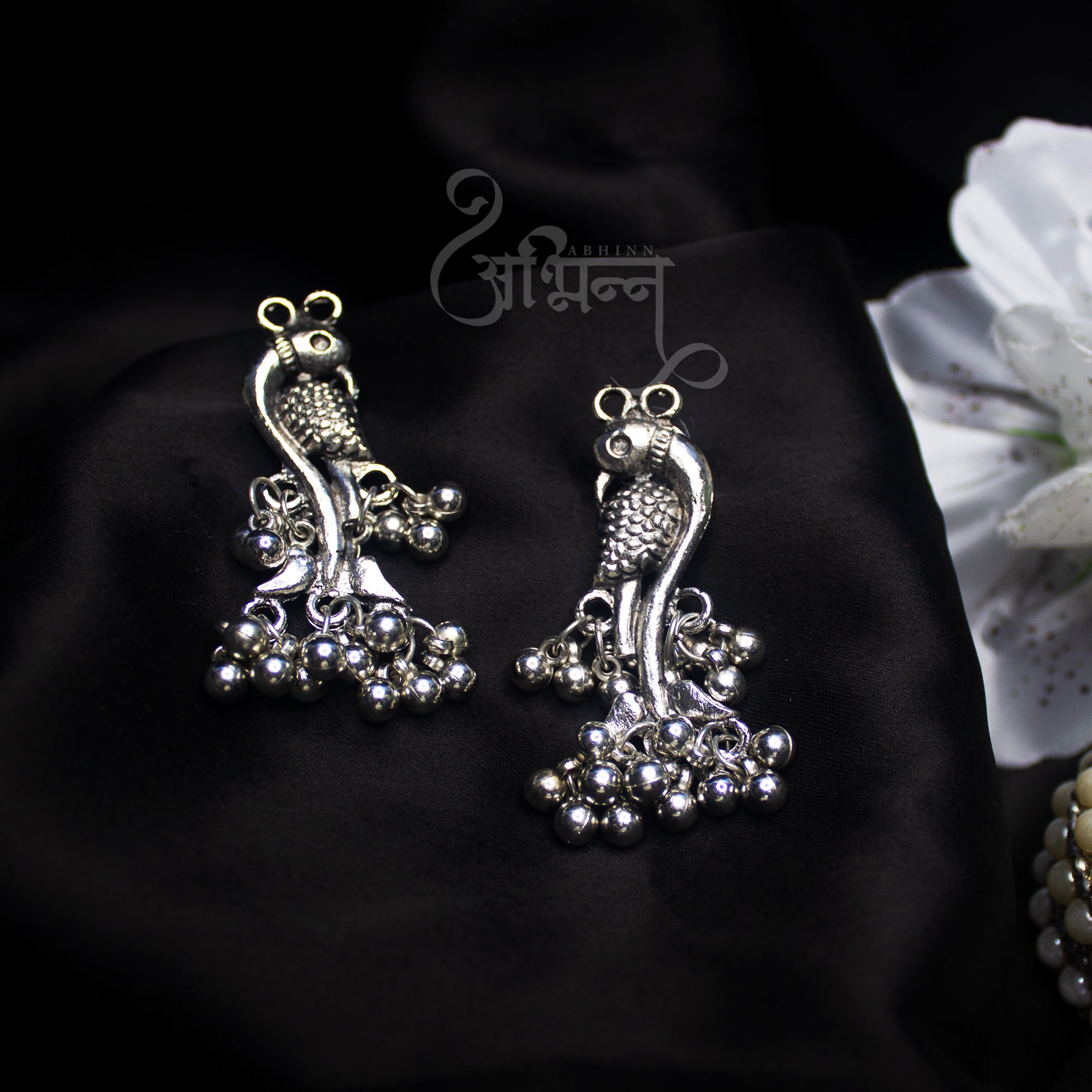 Abhinn Silver Oxidised Parrot Design Dangler Earrings With Ghungroo For Women
