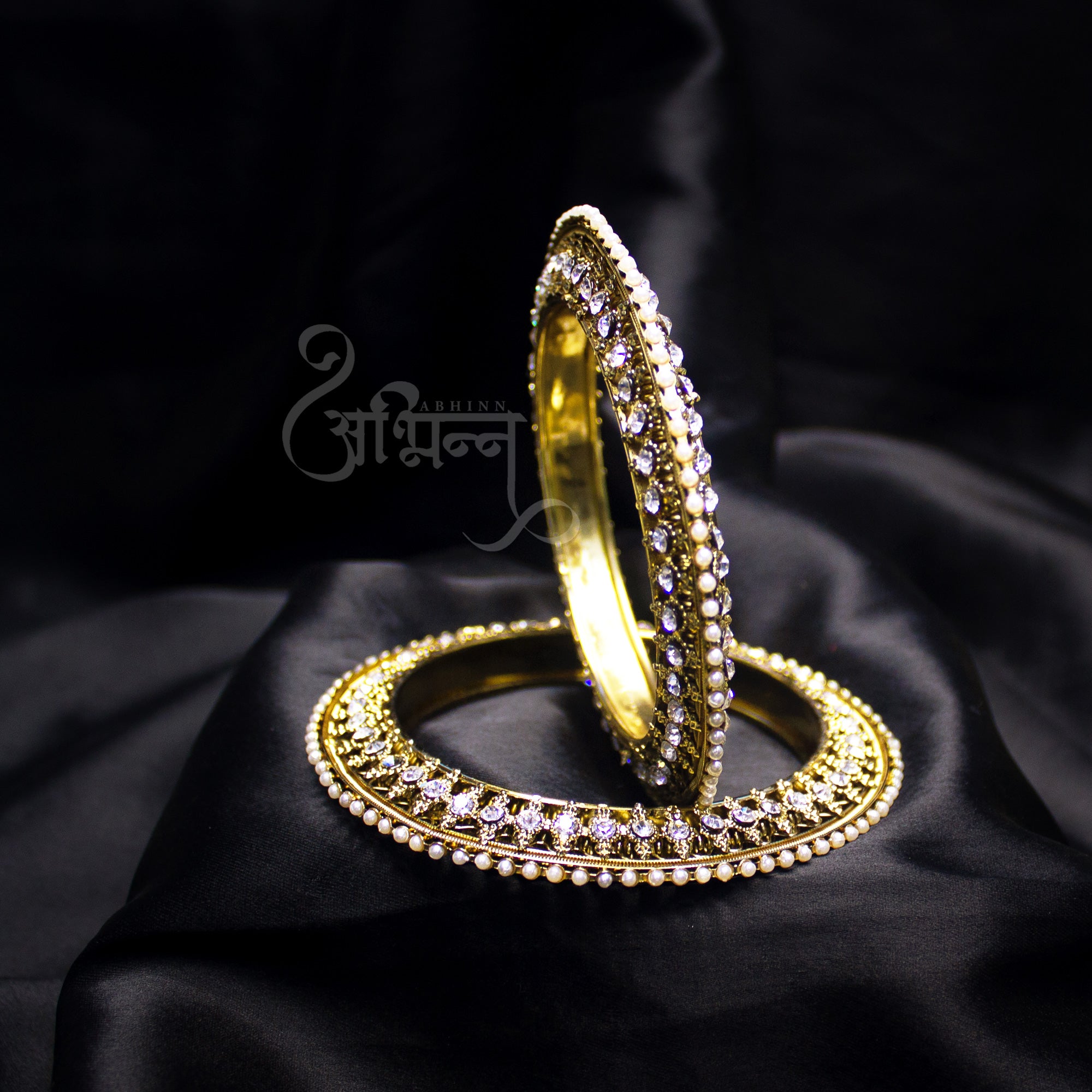Abhinn Antique Gold Plated Bangle Set Studded With White Pearls And CZ Stones For Women