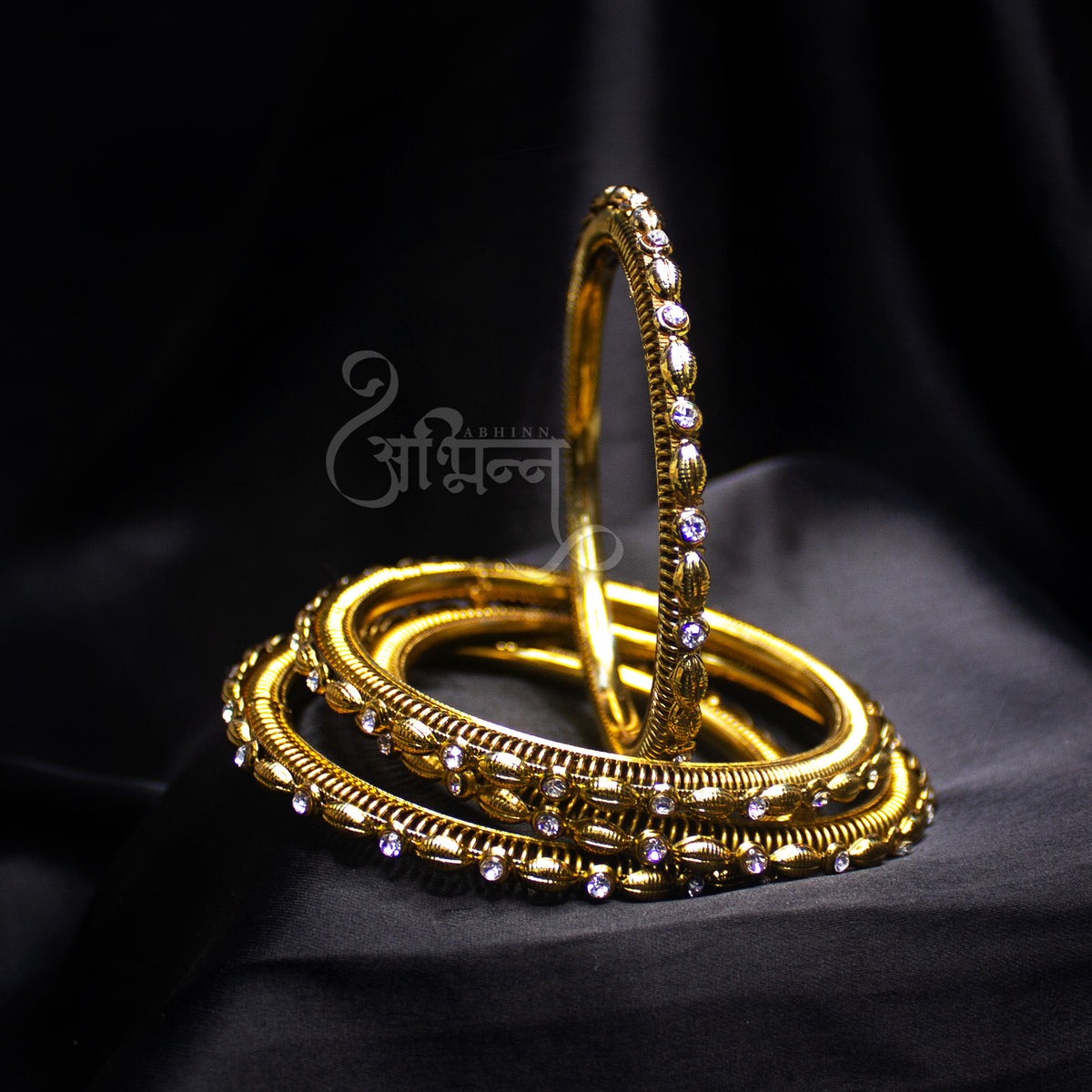 Abhinn Antique Golden Plated Bangle Set With Studded CZ Stones For Women 