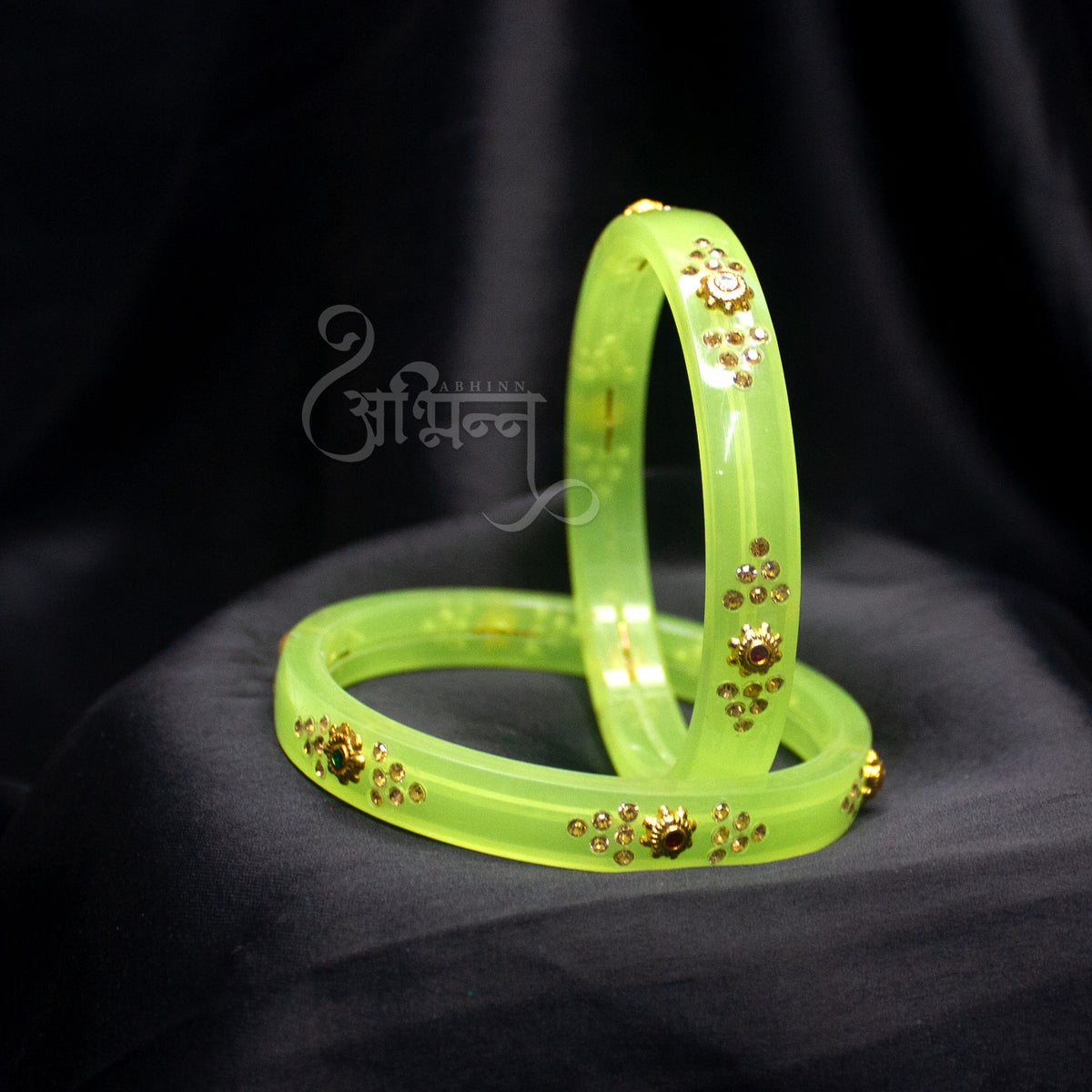 Abhinn Green Acrylic Bangle Set With Engraved Golden Beads For Women 