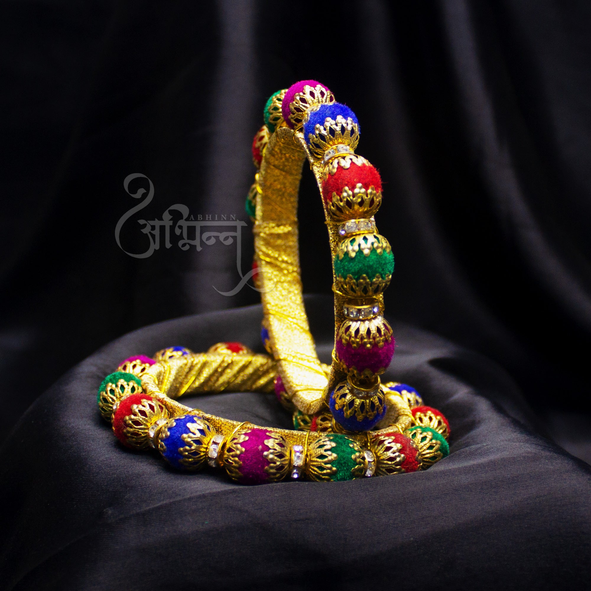 Abhinn Handicrafted Bangle Set Stringed With Multi Coloured Cotton Balls For Women 