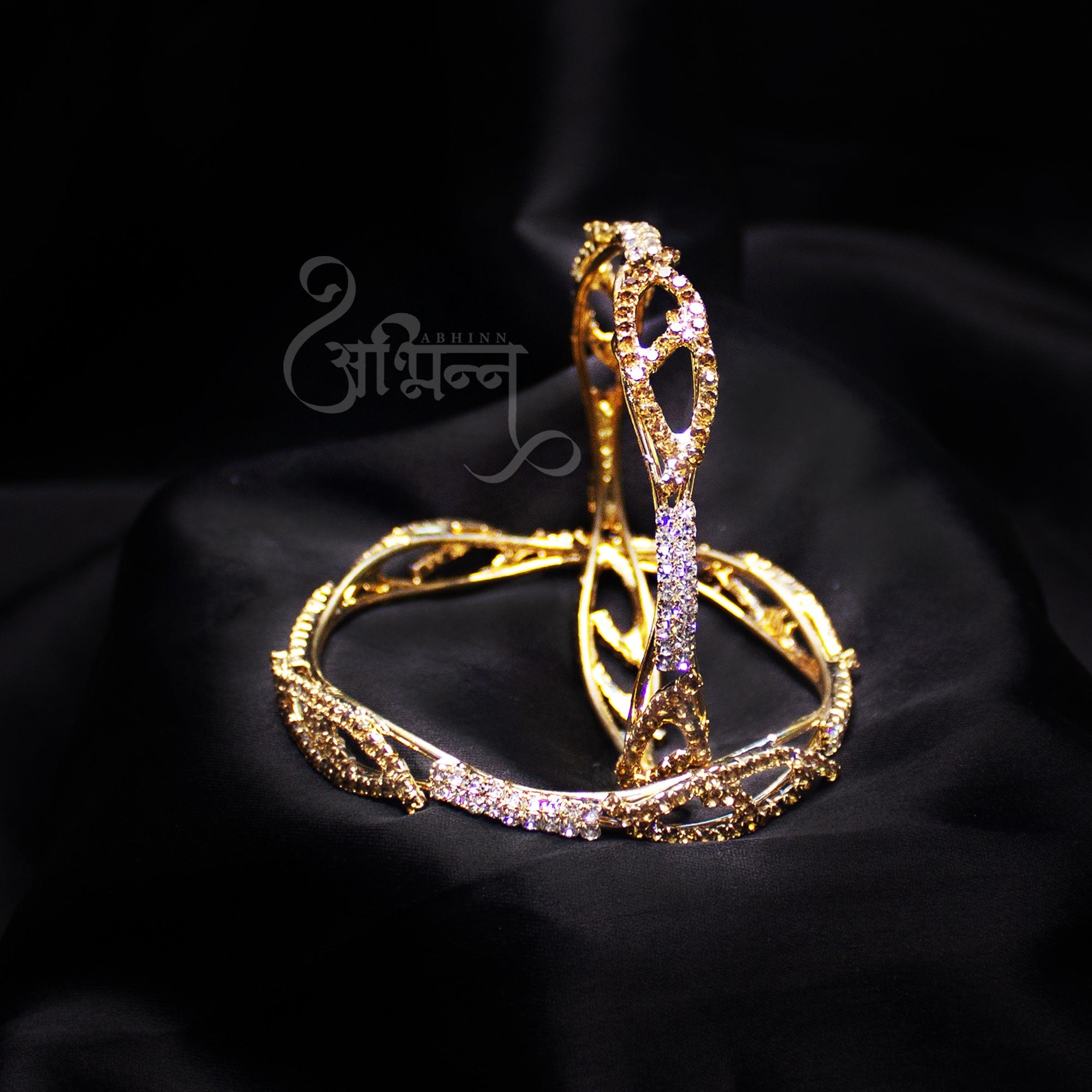 Abhinn Golden Ethnic Leaf Design With Studded CZ Stones Bangle Set For Women 