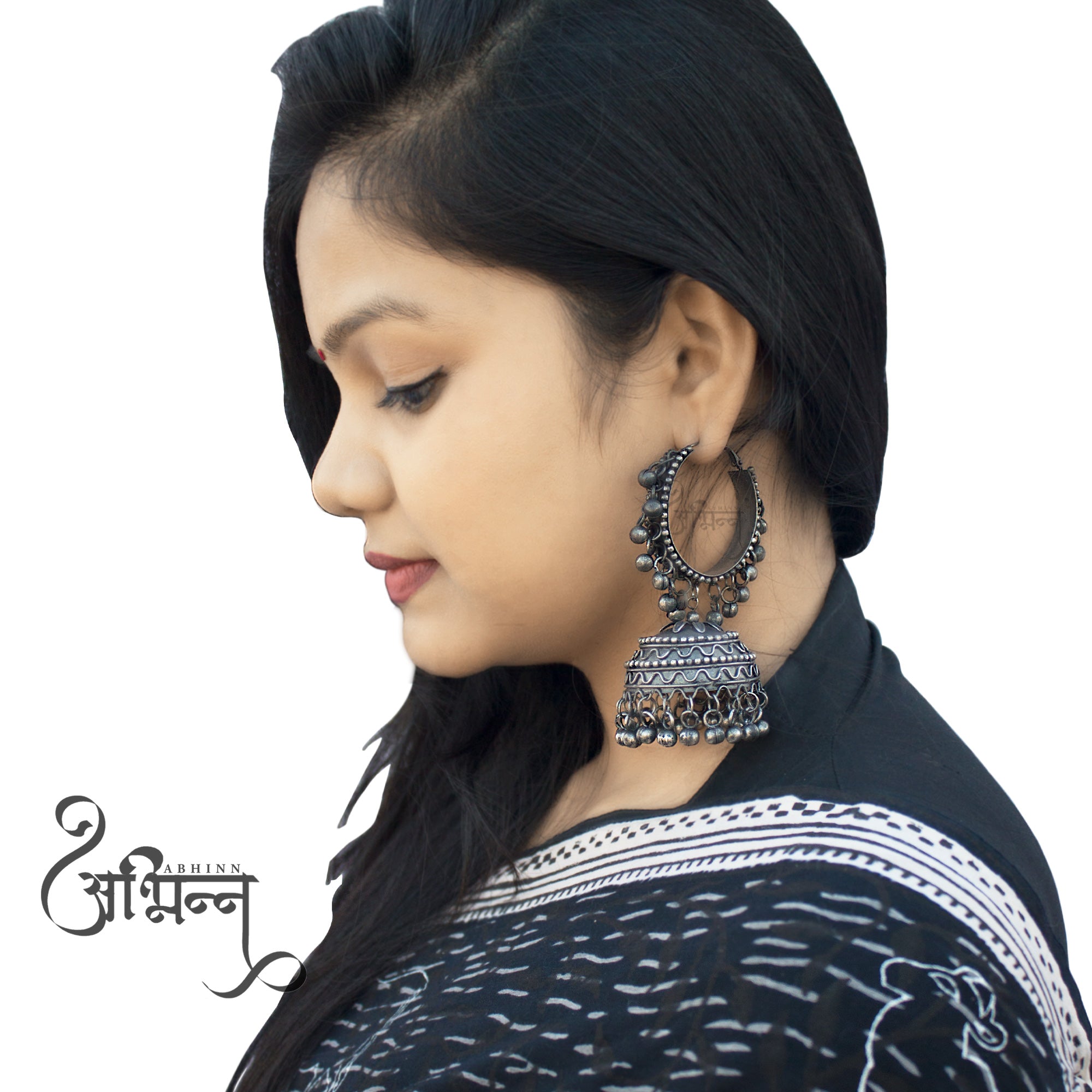 Abhinn Black Polish Silver Oxidised Bali with Jhumki Earrings For Women