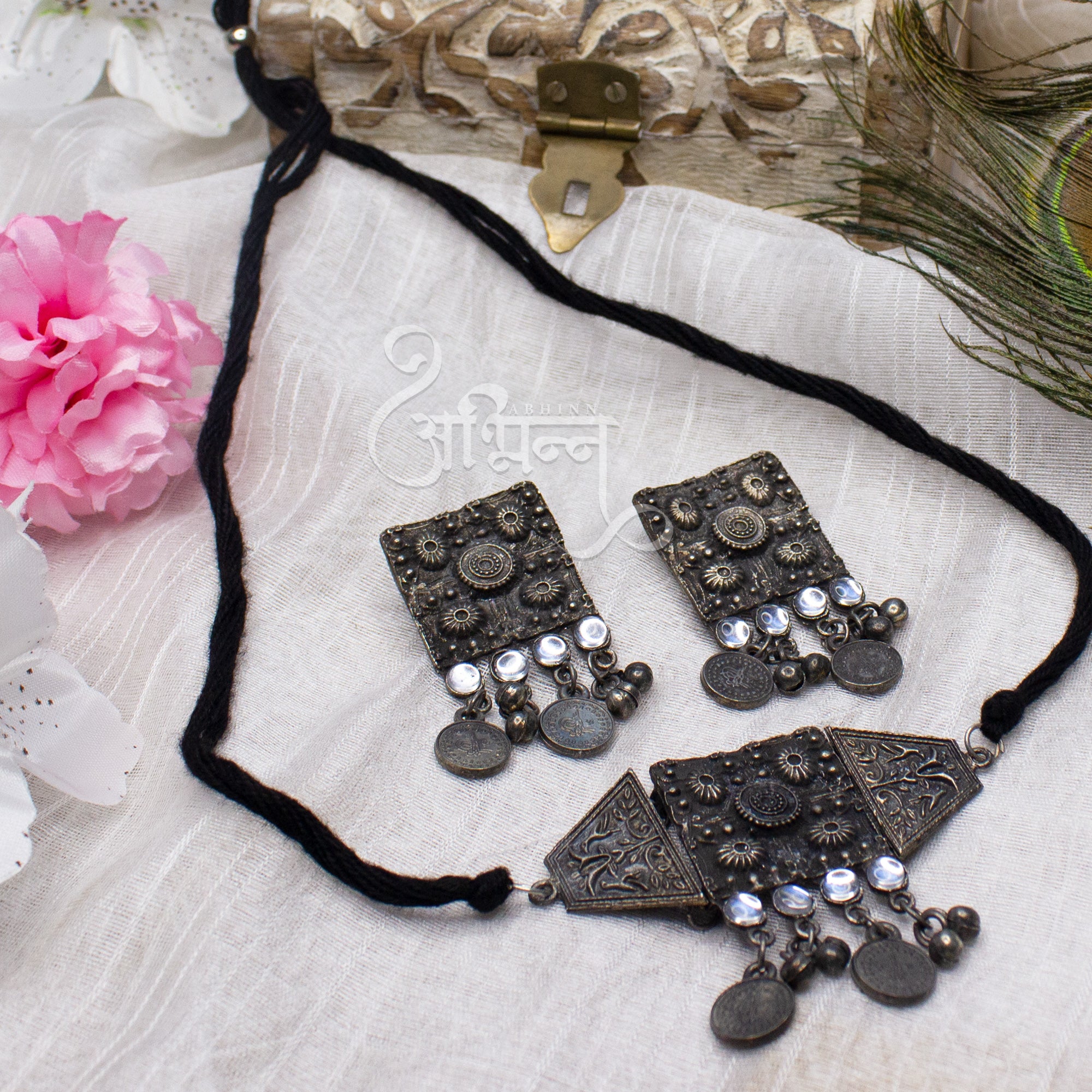 Abhinn Silver Oxidised Temple Design Necklace Set With White CZ Stones For Women