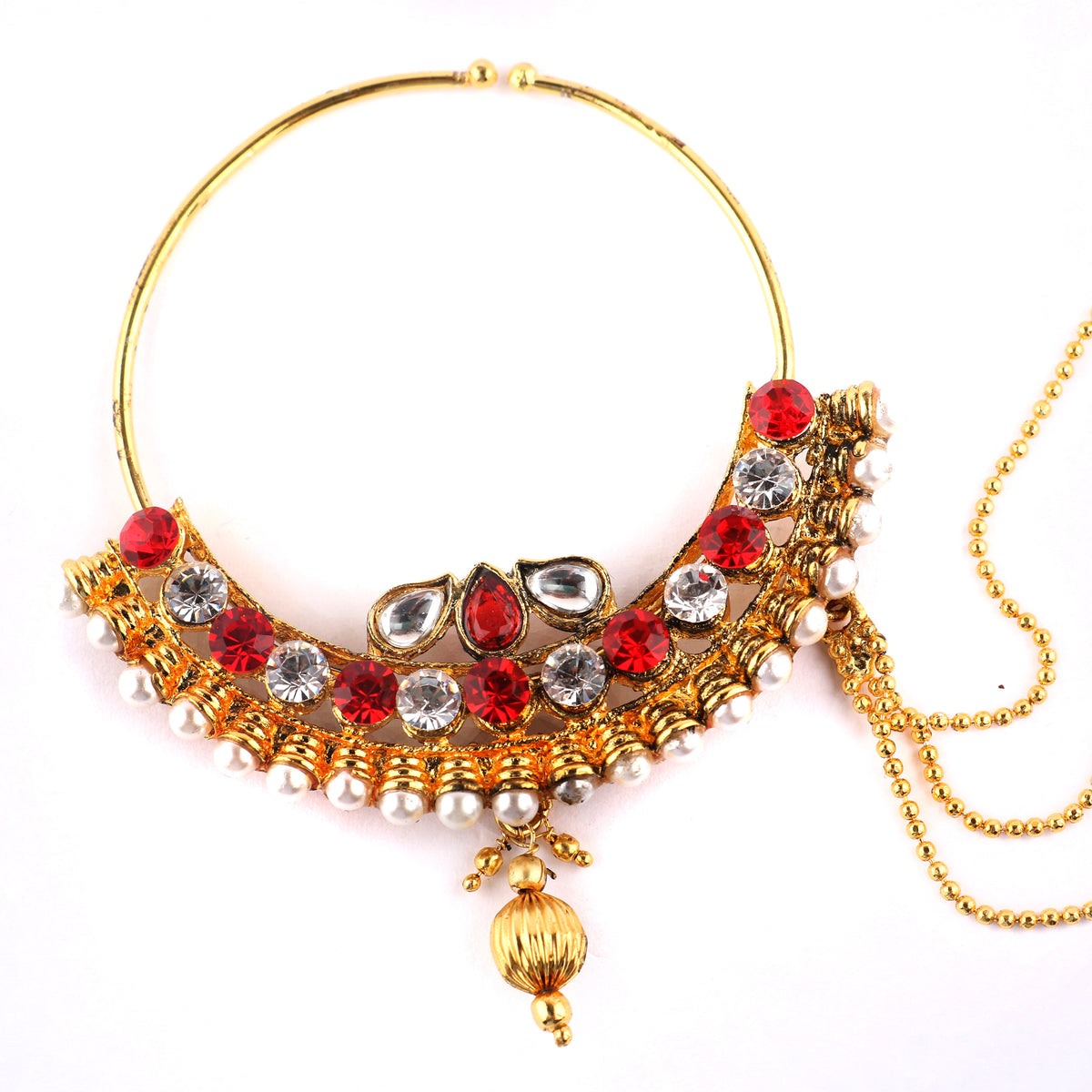 Abhinn Designer Rajasthani Gold Plated Large Hoop Nose ring with Red CZ Crystal Stones for Women Online