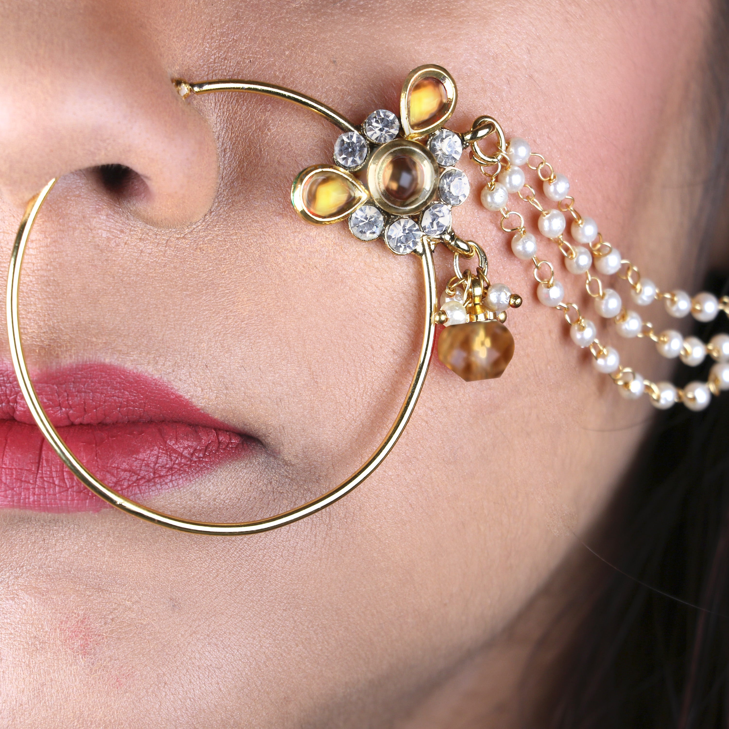 Abhinn Beautiful Gold Plated Large Hoop Nose Ring with CZ Crystal Stones