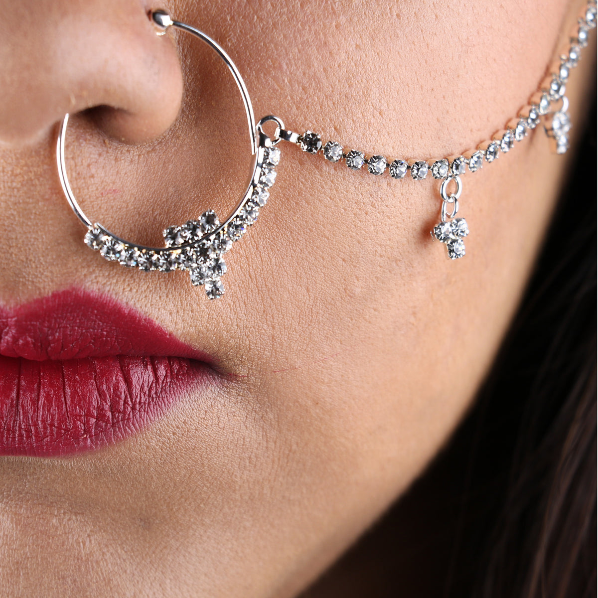 Trendy Designer Silver Plated Large Hoop Nose ring with CZ Crystal Stones