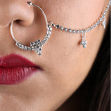 Trendy Designer Silver Plated Large Hoop Nose ring with CZ Crystal Stones