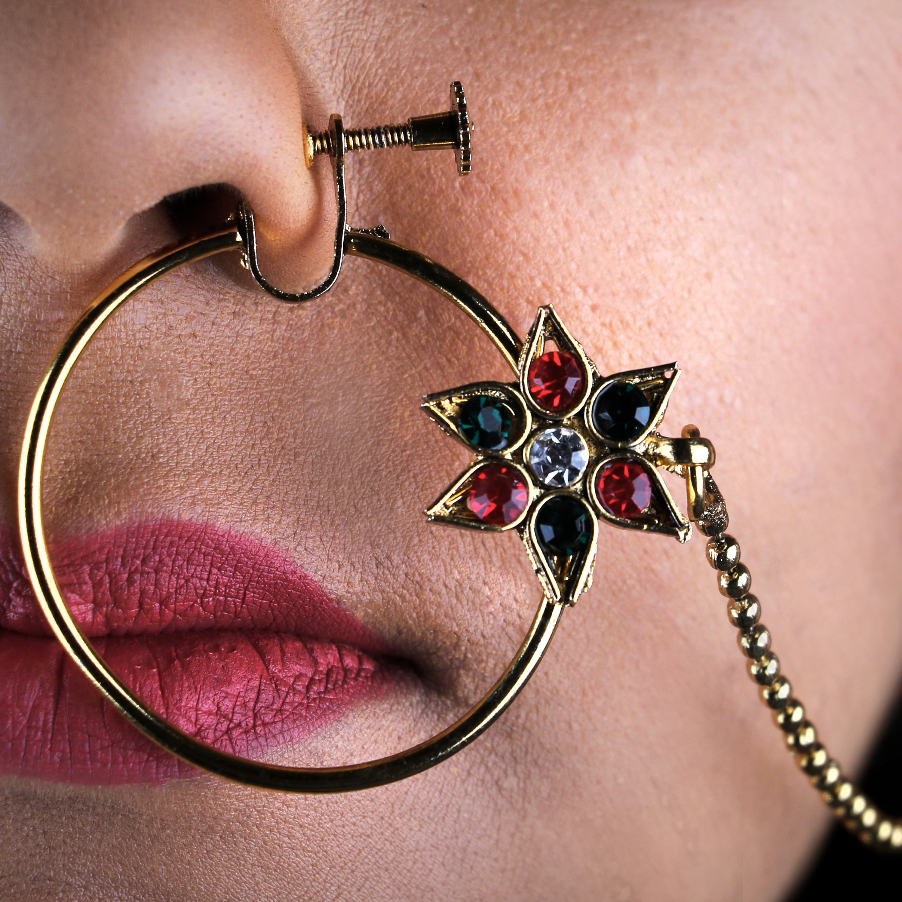 Abhinn Latest Gold Plated Large Hoop Nose Ring With Red Green CZ Stones