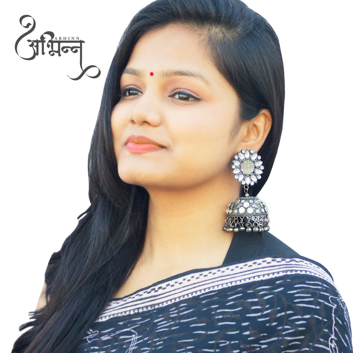 Abhinn Handmade Oxidised Silver Mirror Stud Kundan Stone Jhumka Earrings For Women
