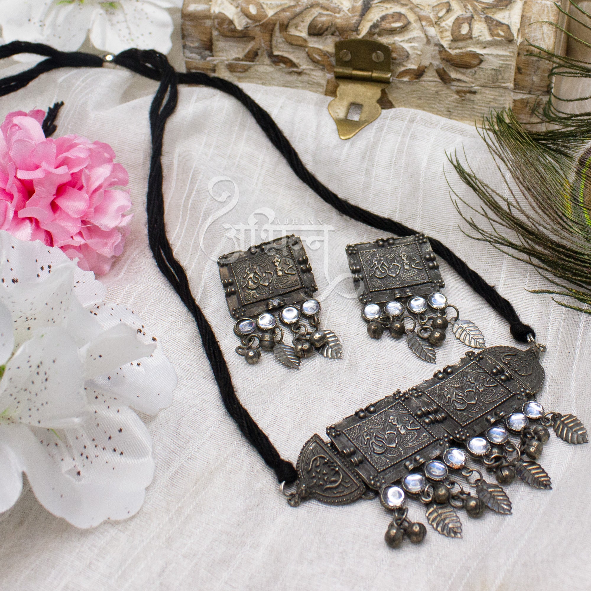Abhinn Silver Oxidised Laxmi Ganesha Temple Design Necklace Set With white For Women
