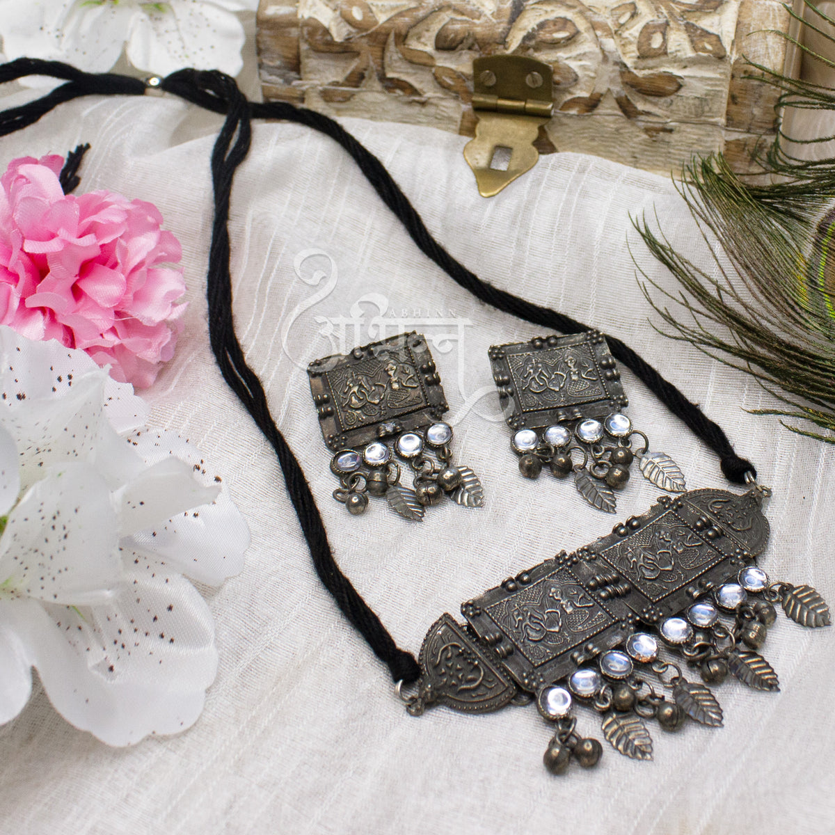 Abhinn Silver Oxidised Laxmi Ganesha Temple Design Necklace Set With white For Women