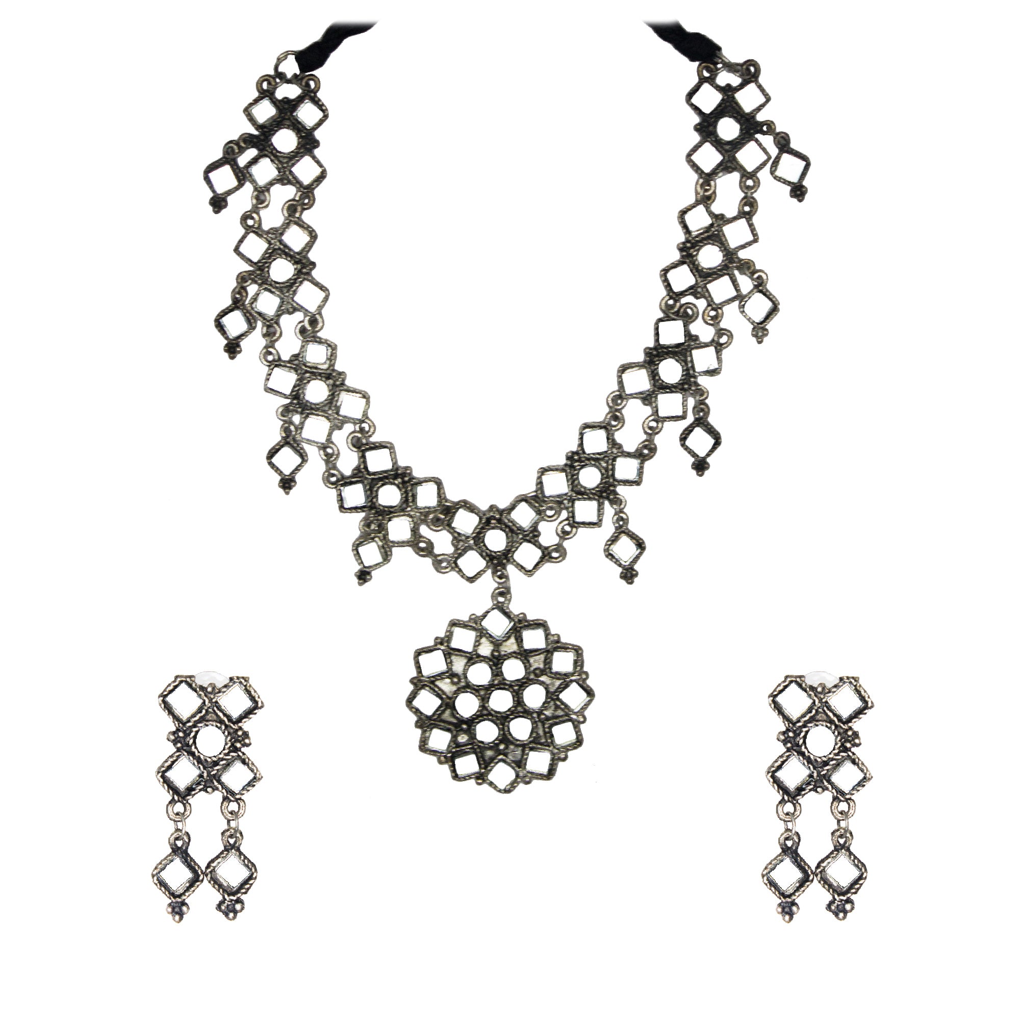 Abhinn Silver Oxidised Floral Design Mirror Pendant Set For Women