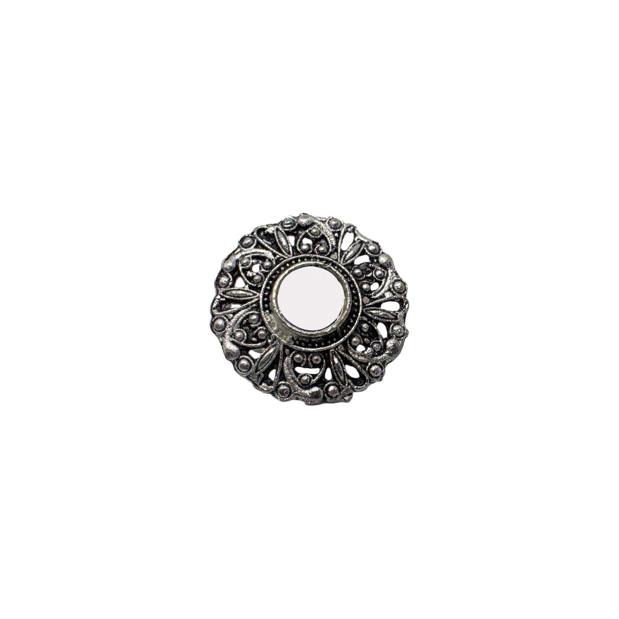 Abhinn Silver Oxidised Floral Design Mirror Ring For Women