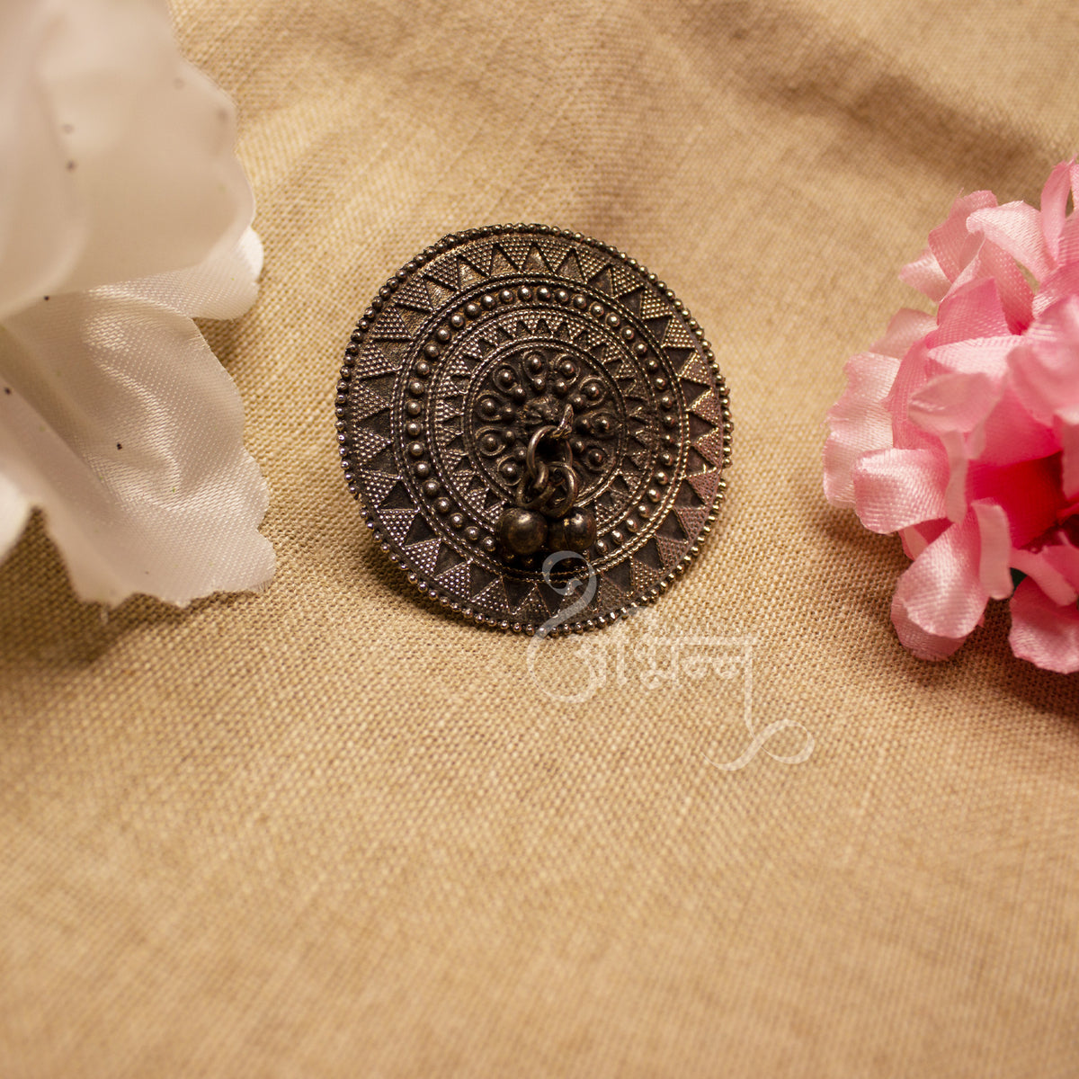 Abhinn Silver Oxidised Temple Design With Ghungroo Ring For Women