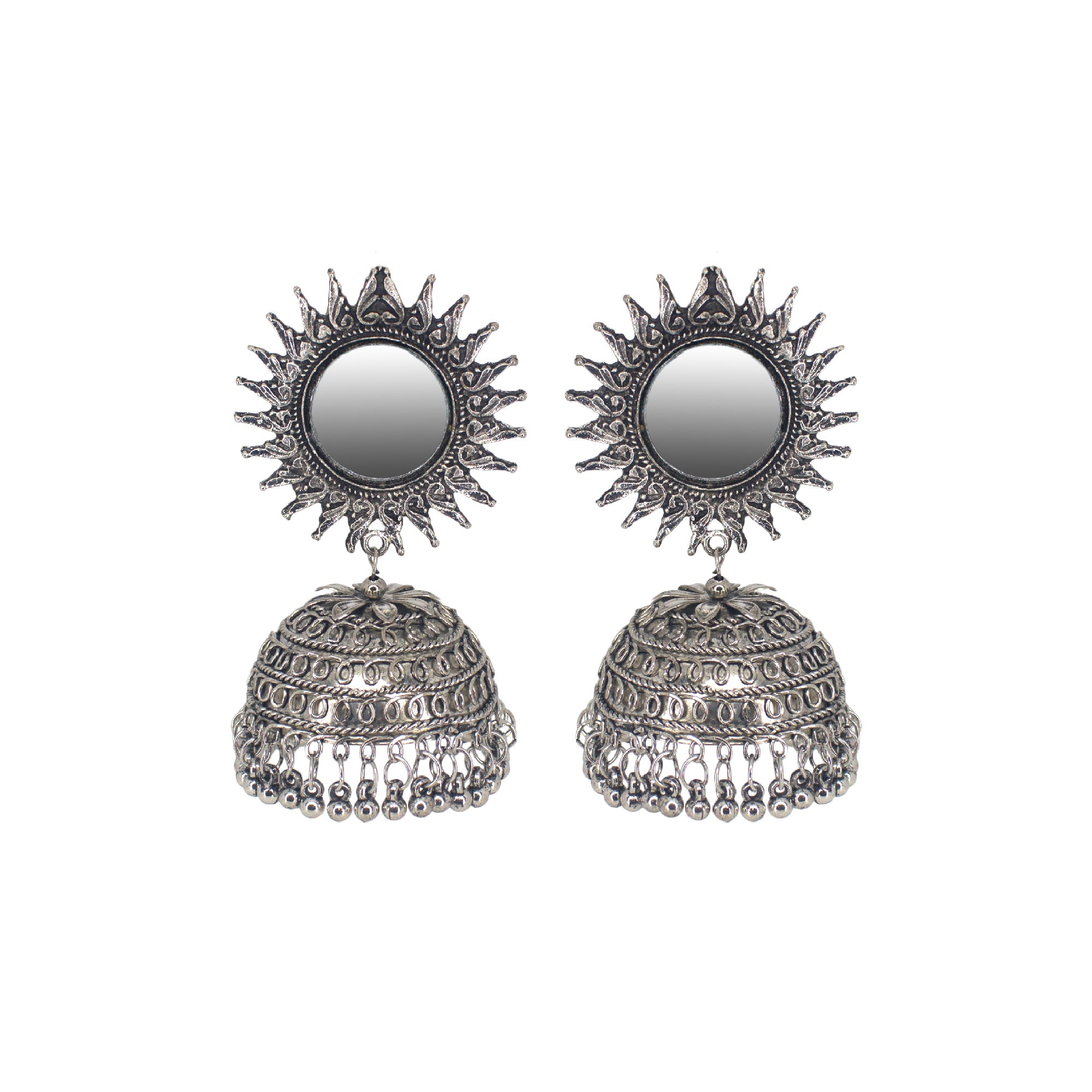 Abhinn Silver Oxidised Temple Design With Mirror Stud Jhumka Earrings For Women
