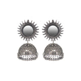 Abhinn Silver Oxidised Temple Design With Mirror Stud Jhumka Earrings For Women