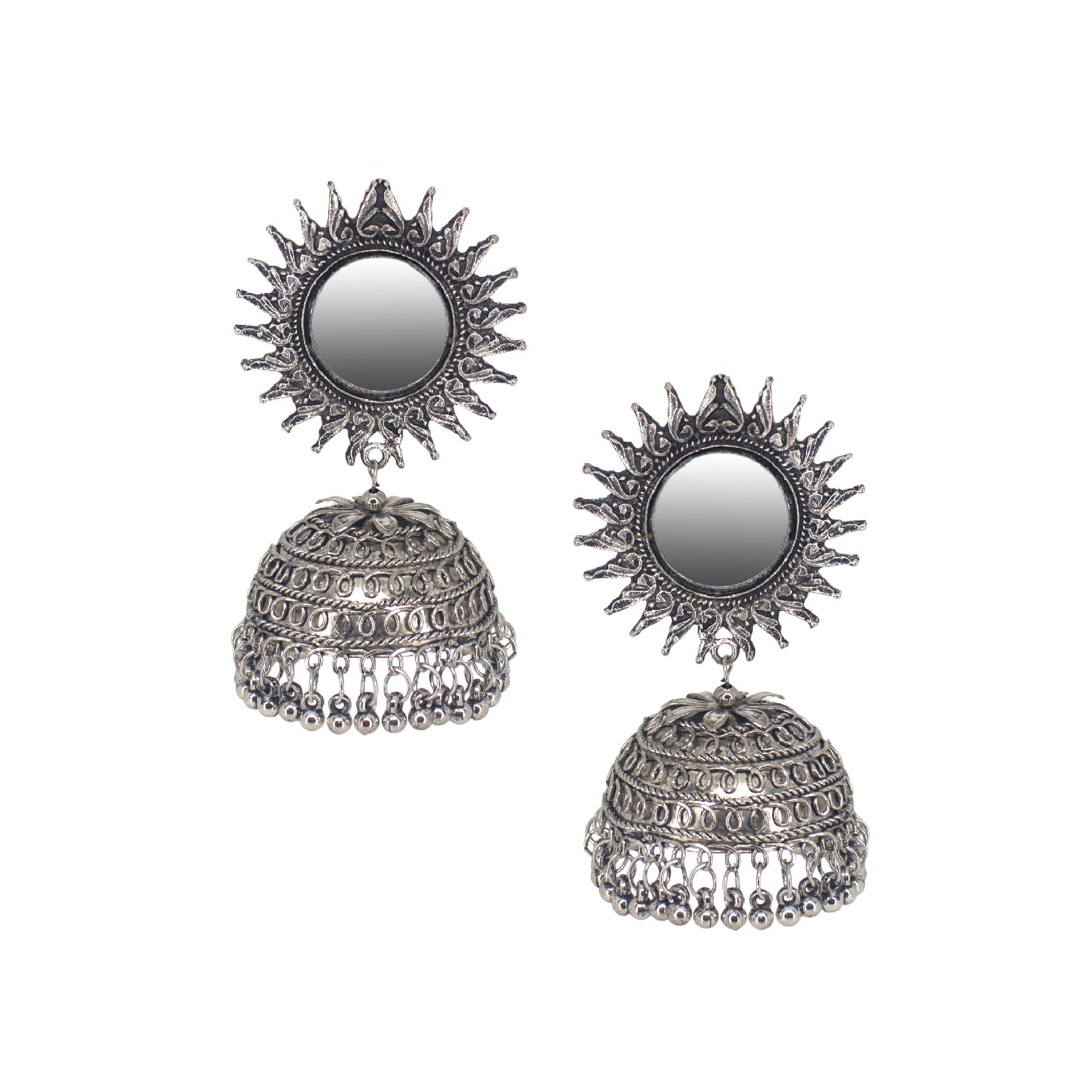 Abhinn Silver Oxidised Temple Design With Mirror Stud Jhumka Earrings For Women