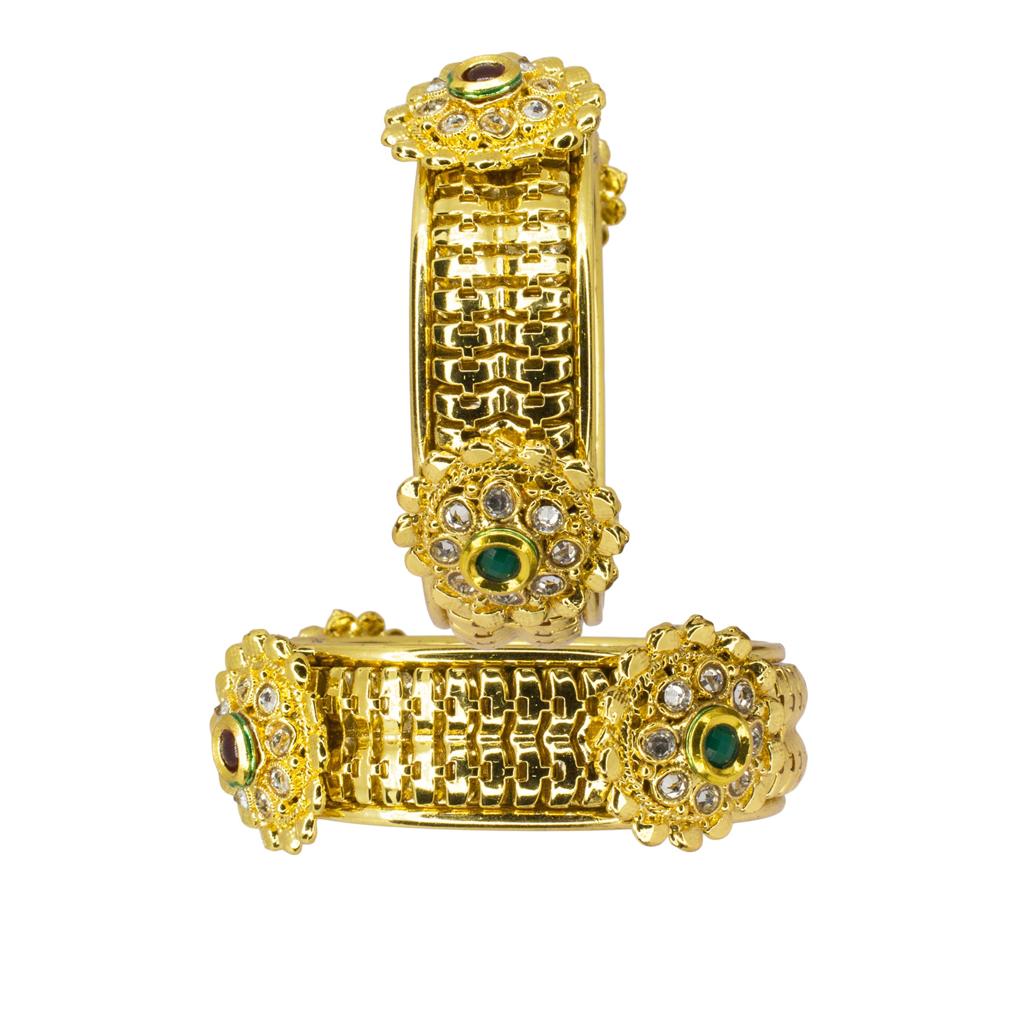 Abhinn Gold Plated Broad Bangle Set With Studded Golden Flower For Women