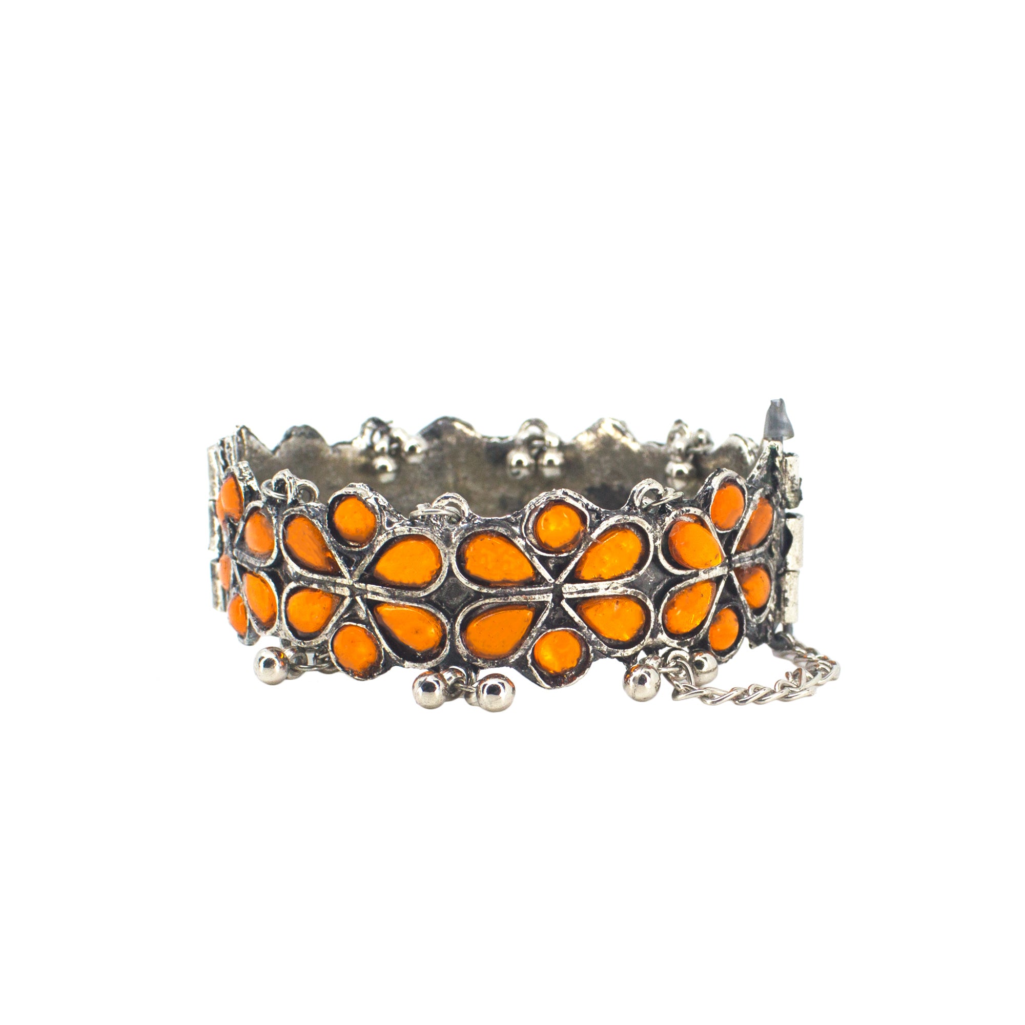 Abhinn Silver Oxidised Orange Floral Design Adjustable Bangle For Girls