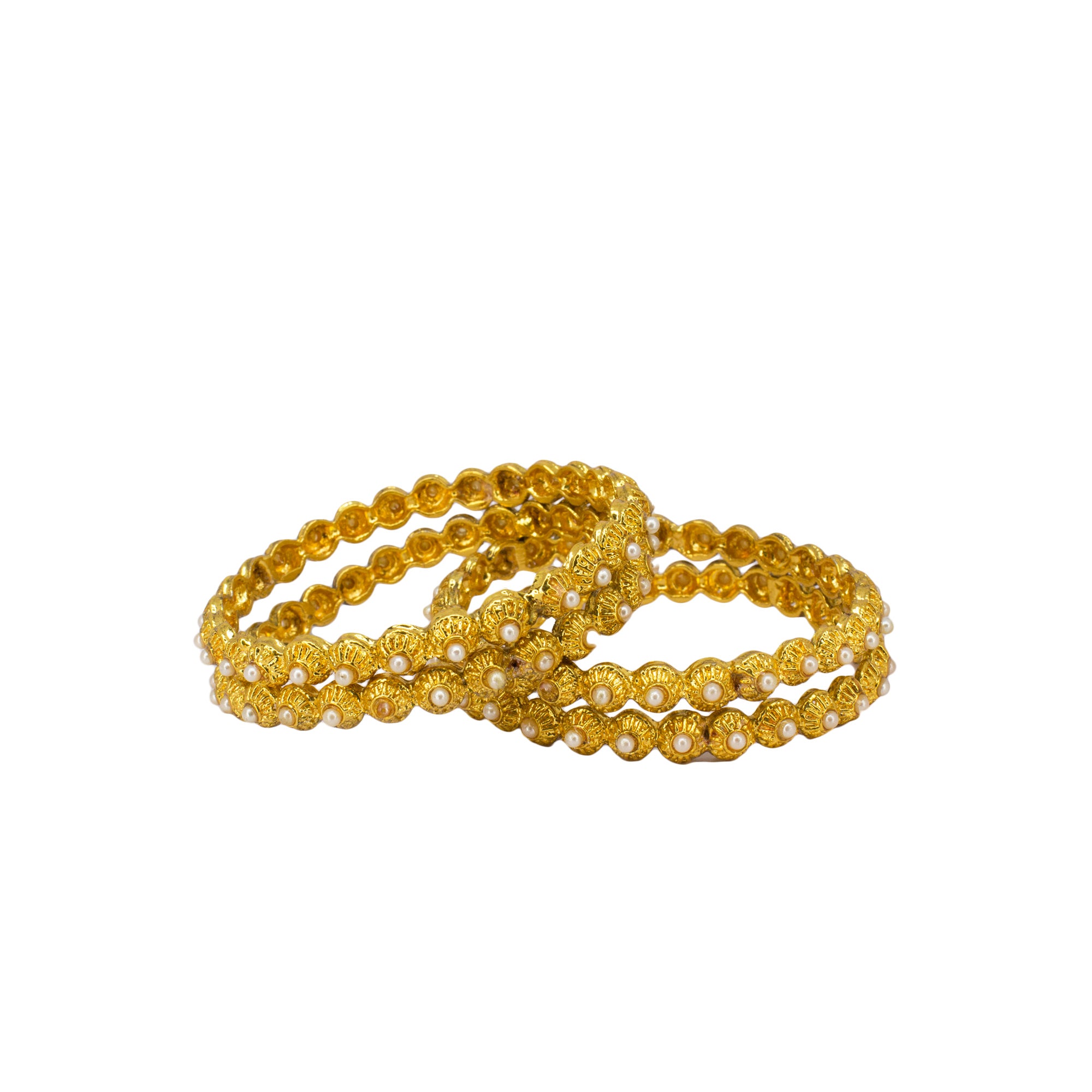 Abhinn Golden Plated Floral Bangle Set With White Beads For Women 