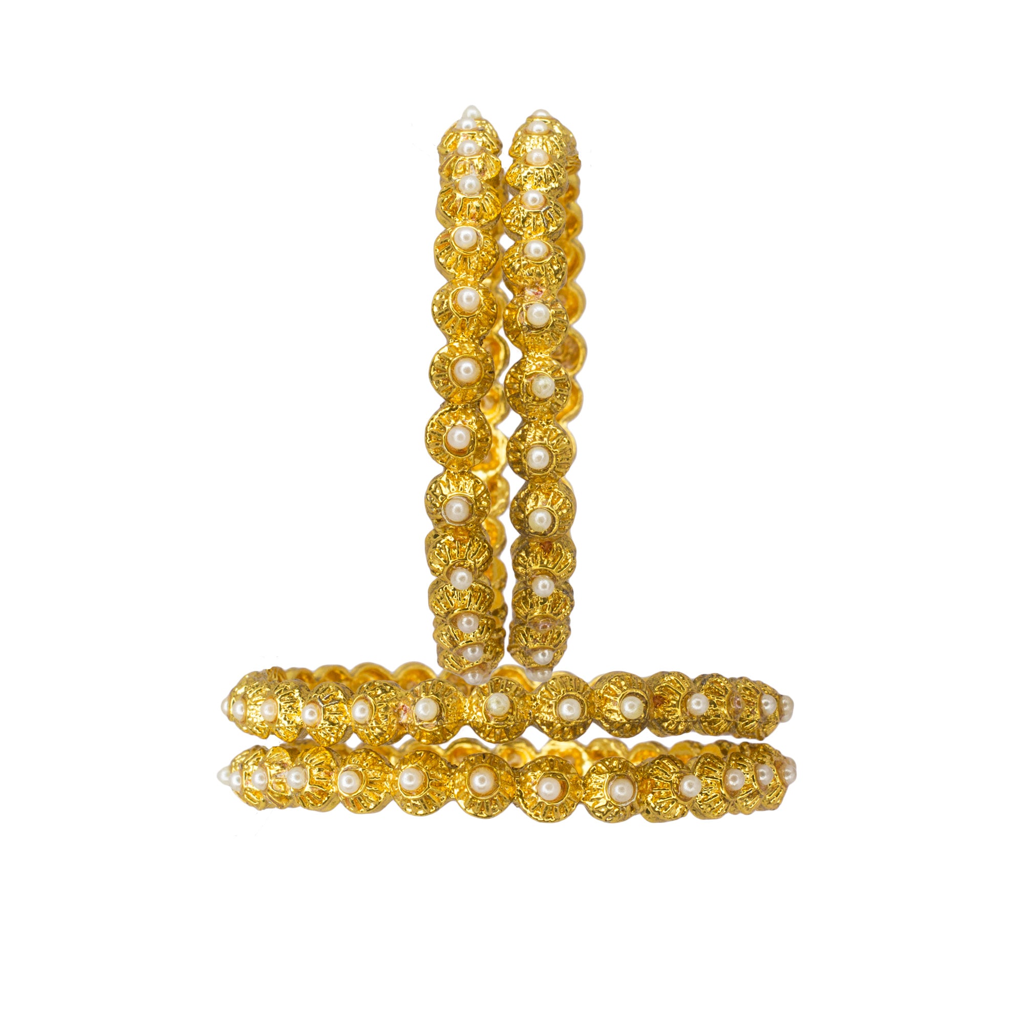 Abhinn Golden Plated Floral Bangle Set With White Beads For Women