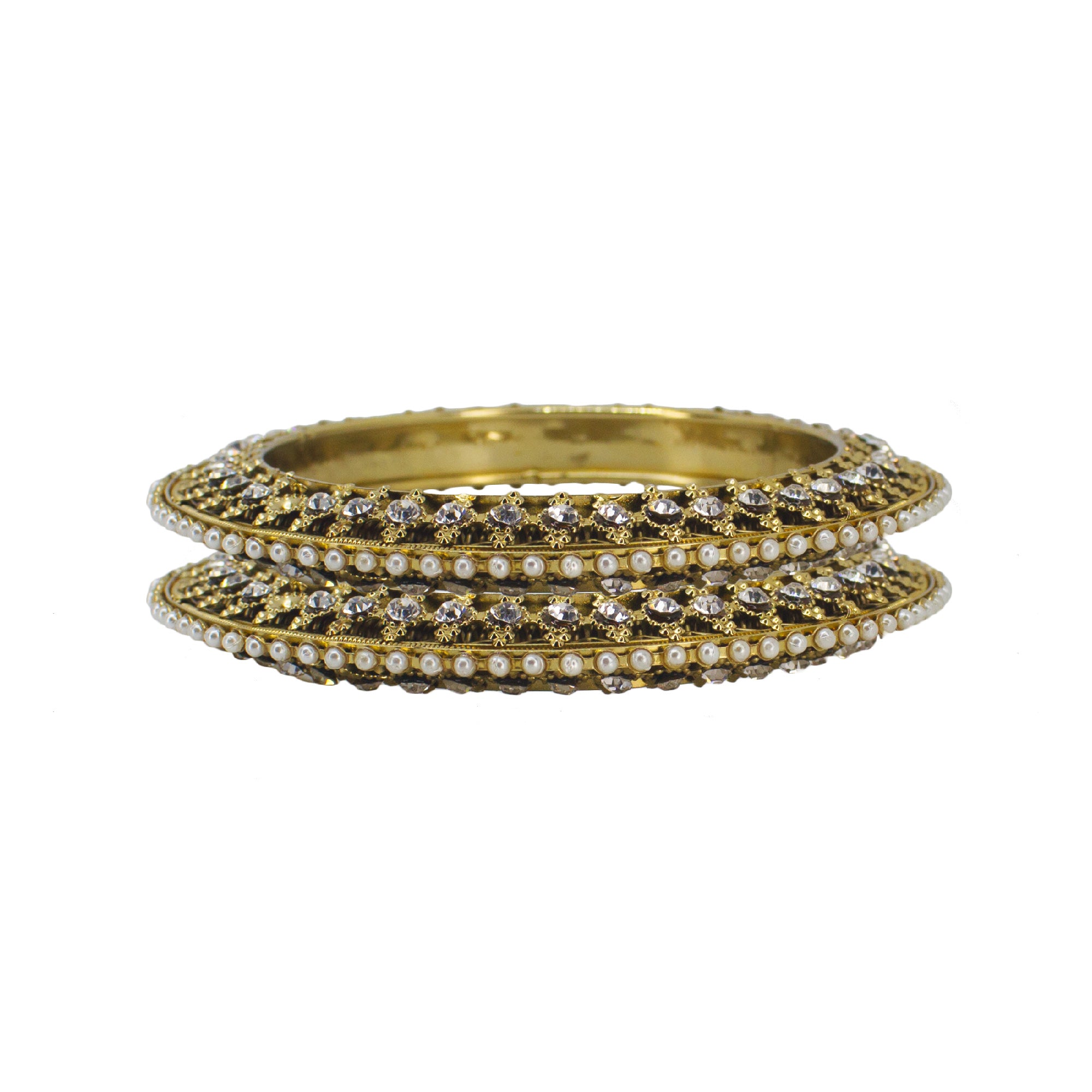 Abhinn Antique Gold Plated Bangle Set Studded With White Pearls And CZ Stones For Women