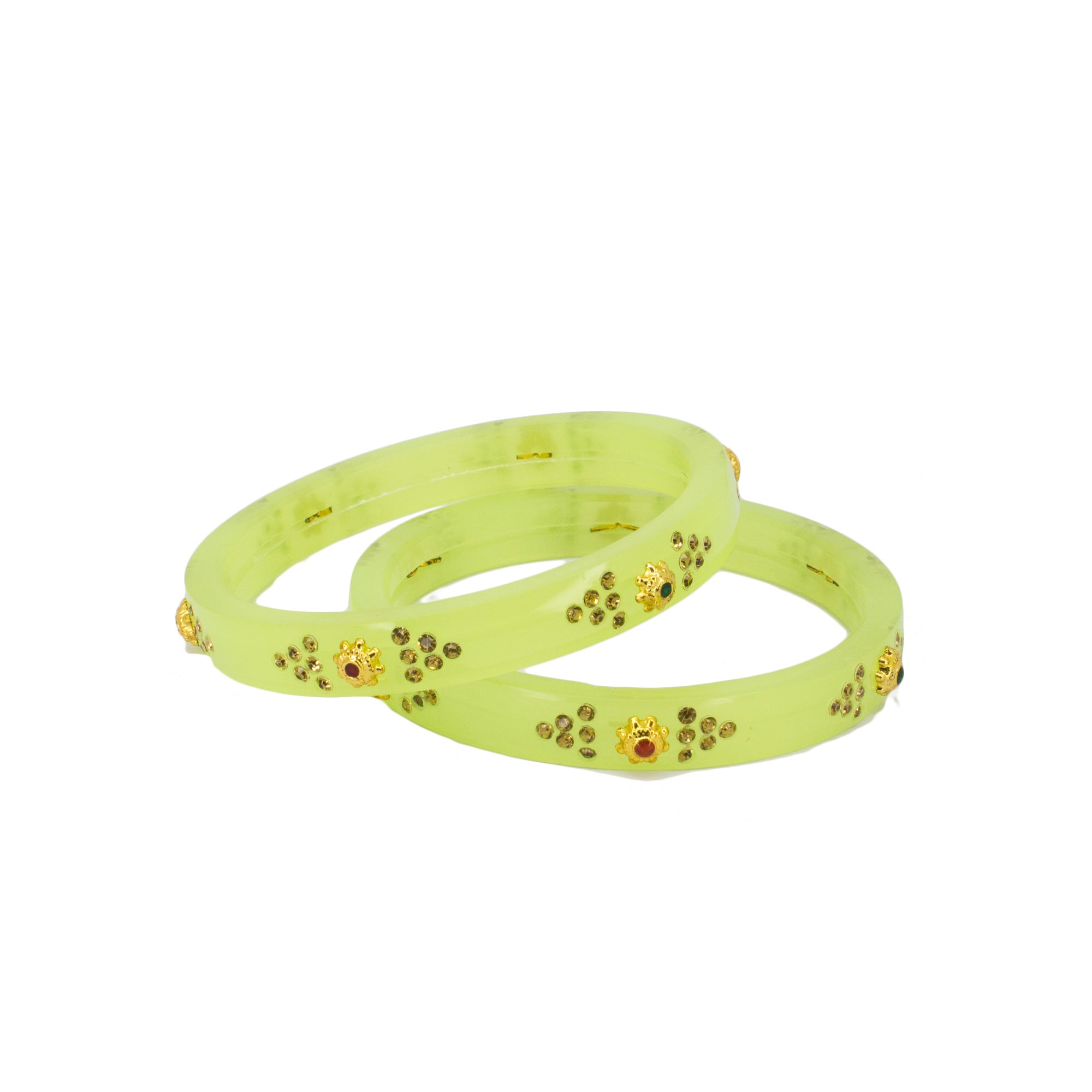 Abhinn Green Acrylic Bangle Set With Engraved Golden Beads For Women 