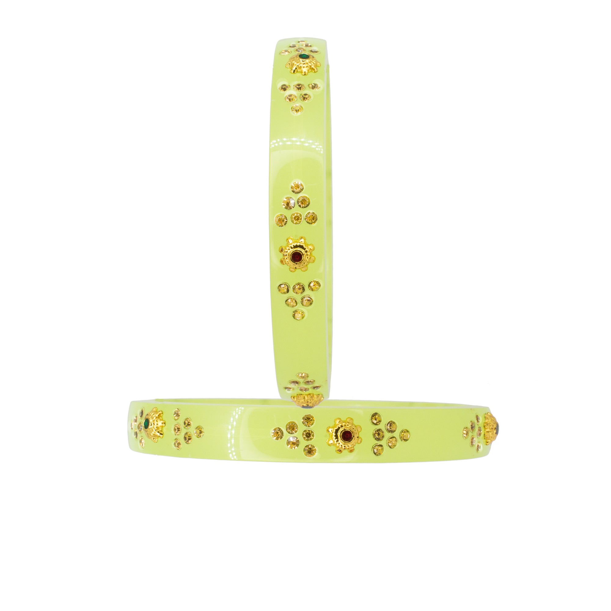 Abhinn Green Acrylic Bangle Set With Engraved Golden Beads For Women