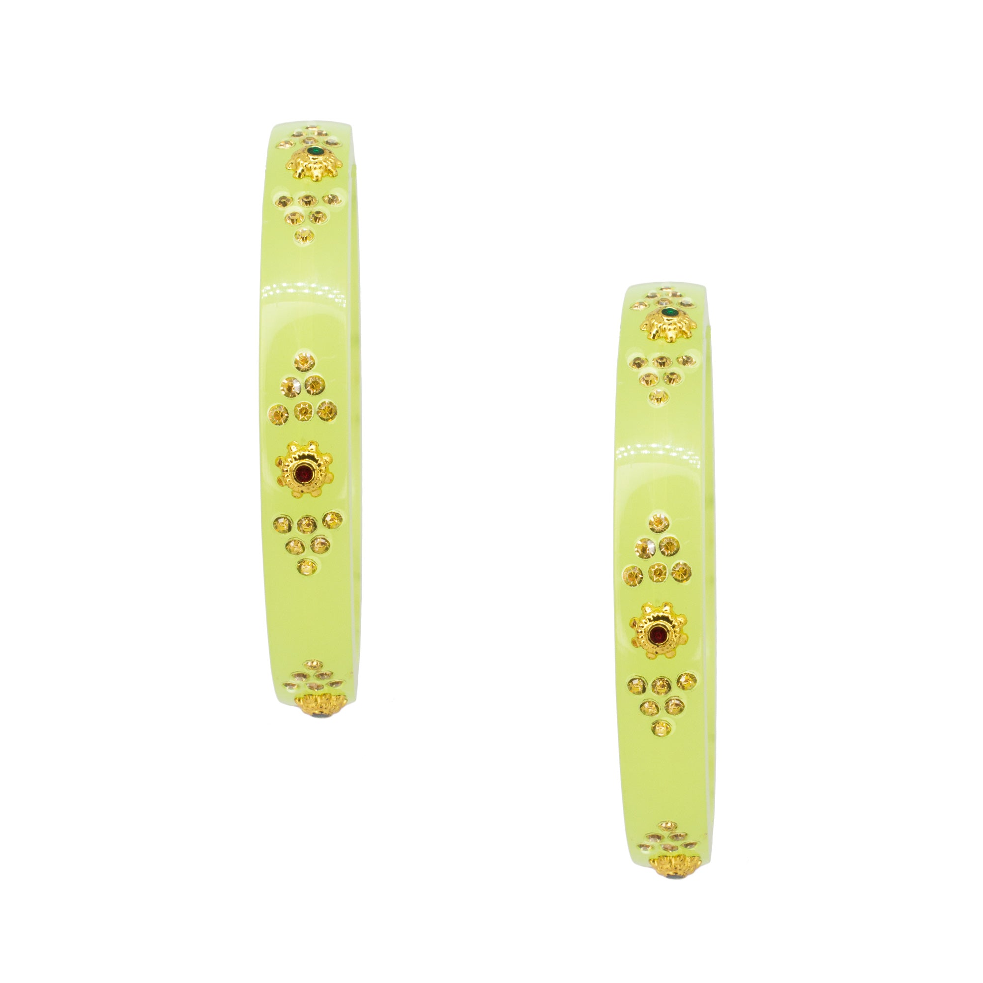 Abhinn Green Acrylic Bangle Set With Engraved Golden Beads For Women