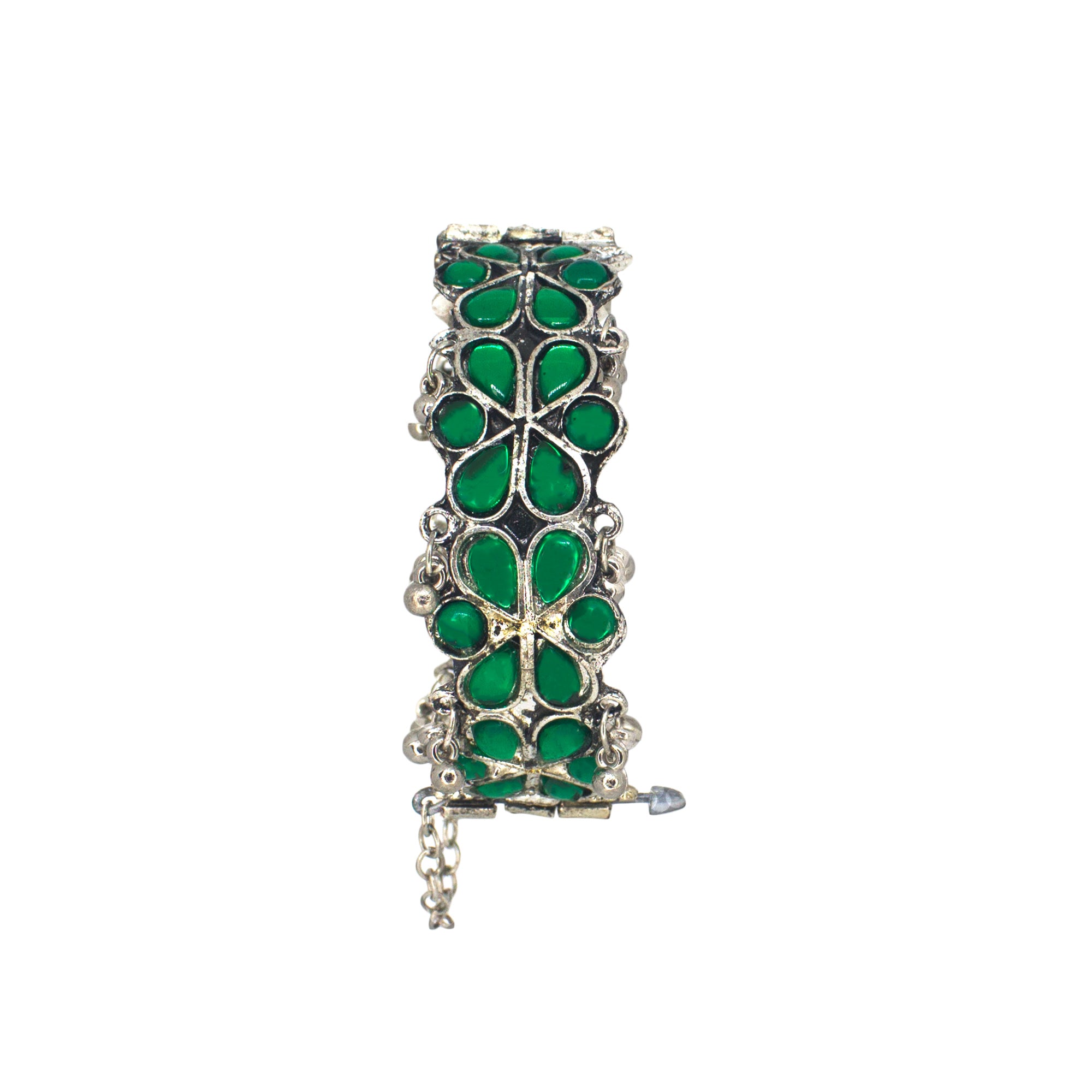 Abhinn Silver Oxidised Green Floral Design Adjustable Bangle For Girls