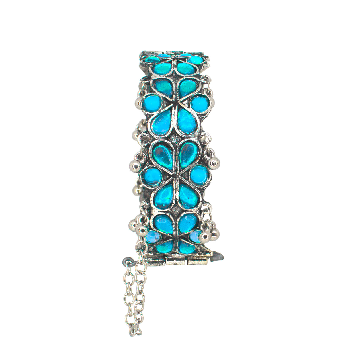 Abhinn Silver Oxidised Blue Floral Design Adjustable Bangle For Girls