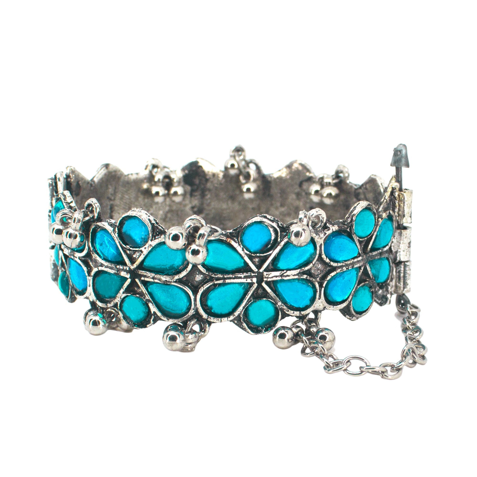 Abhinn Silver Oxidised Blue Floral Design Adjustable Bangle For Girls