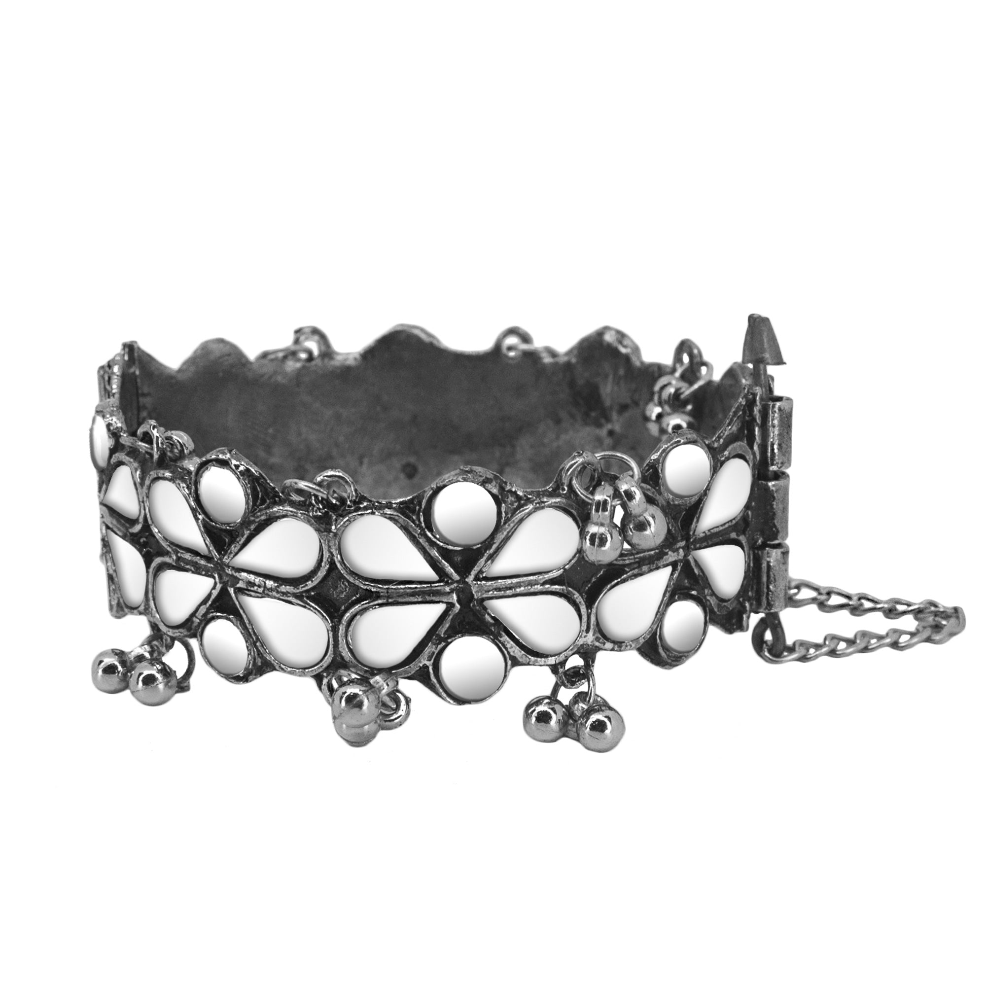 Abhinn Silver Oxidised White Floral Design Adjustable Bangle For Girls