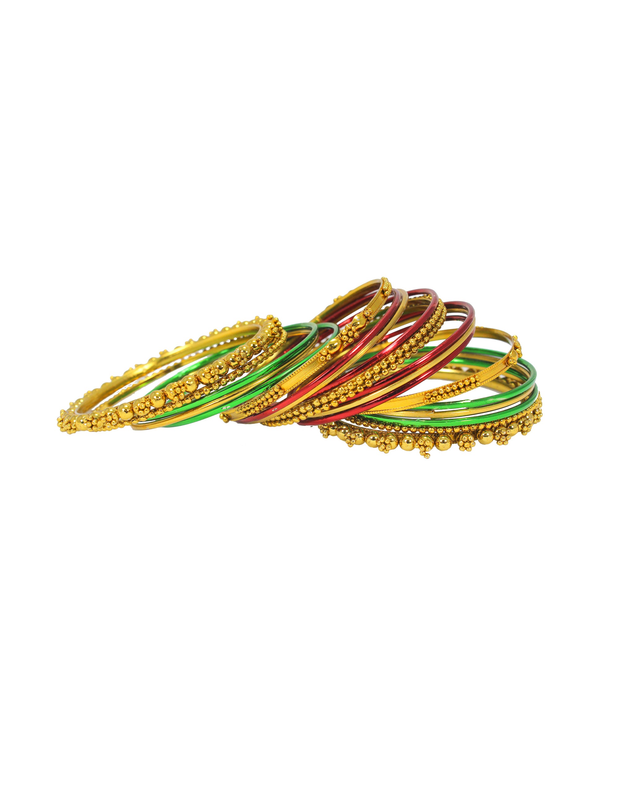 Abhinn Golden Plated Moti with Green and Red Bangles Set For Women (Set of 18)