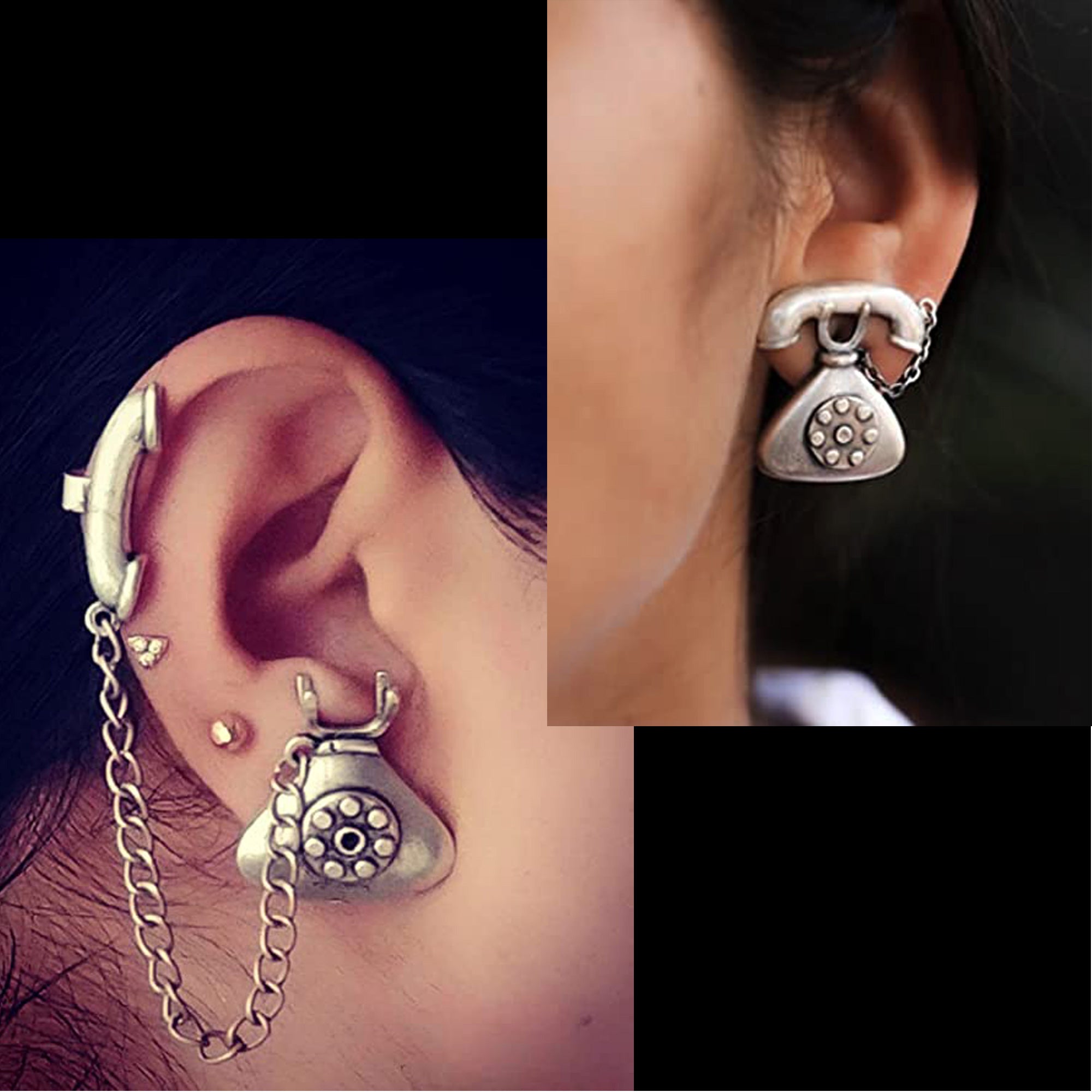 Abhinn Silver Replica Antique Vintage Telephone Design Earrings For Women