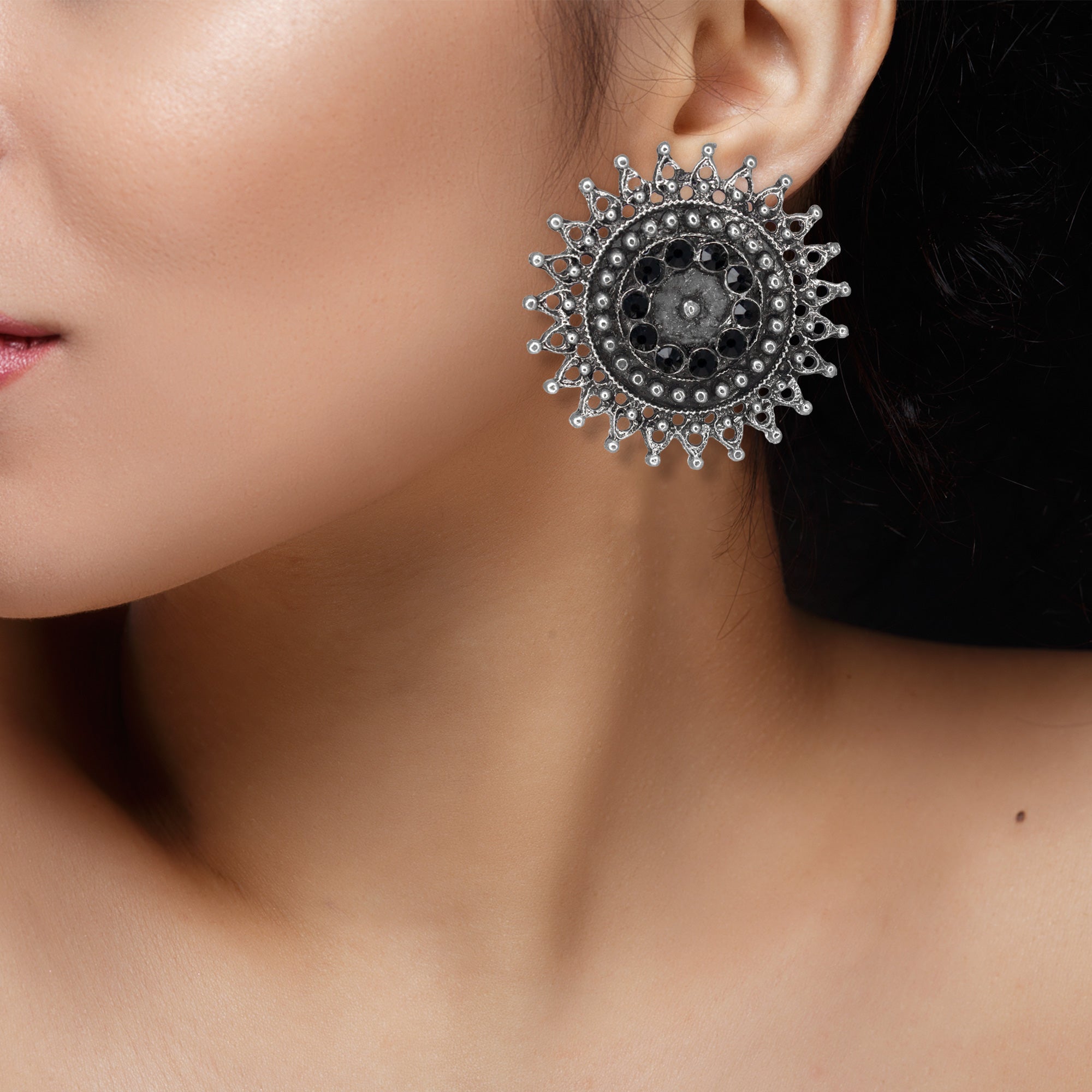 Abhinn Designer Silver Oxidised Sun Shape Black Big Studs For Women